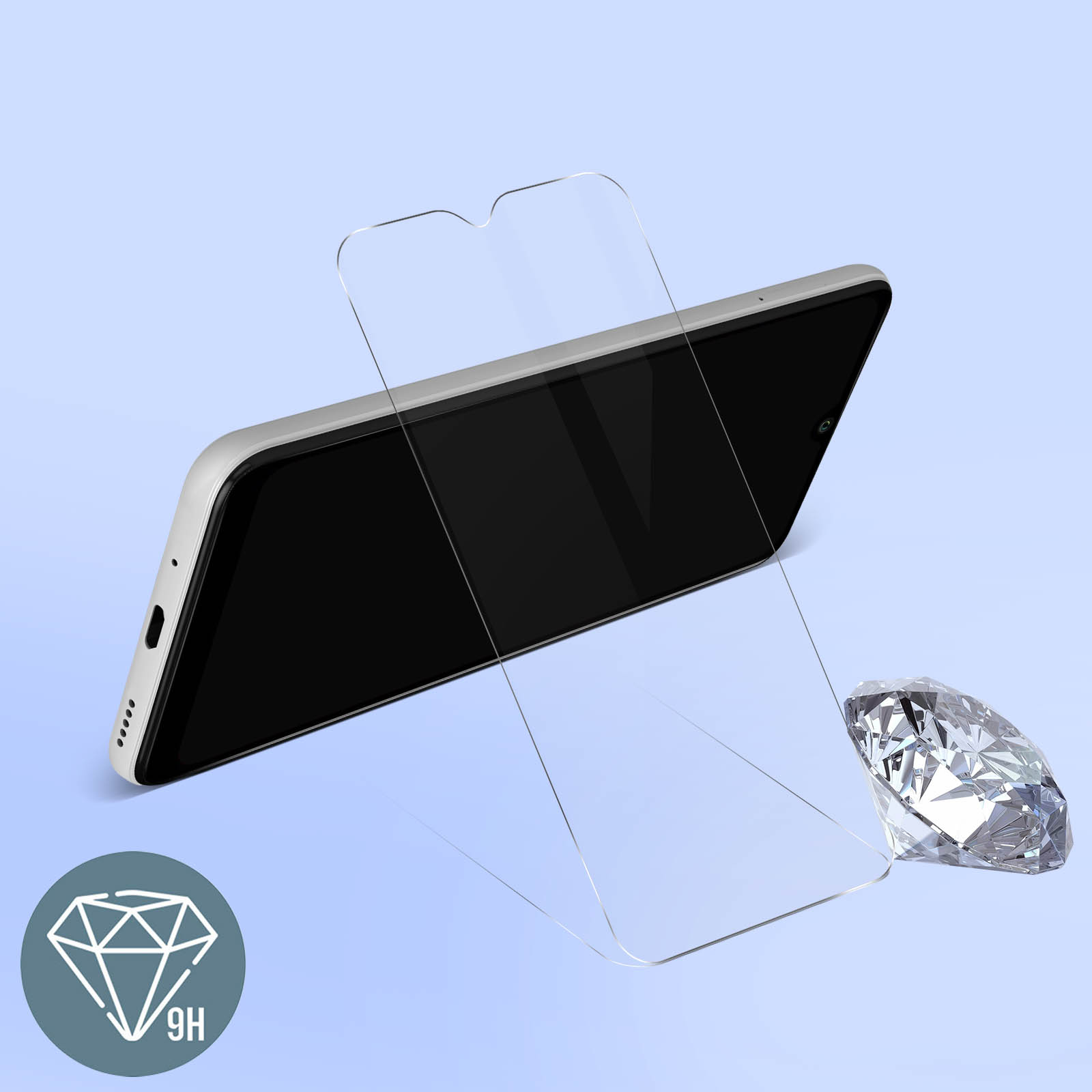 Un telefono con una protezione per lo schermo e un'icona a forma di diamante accanto.