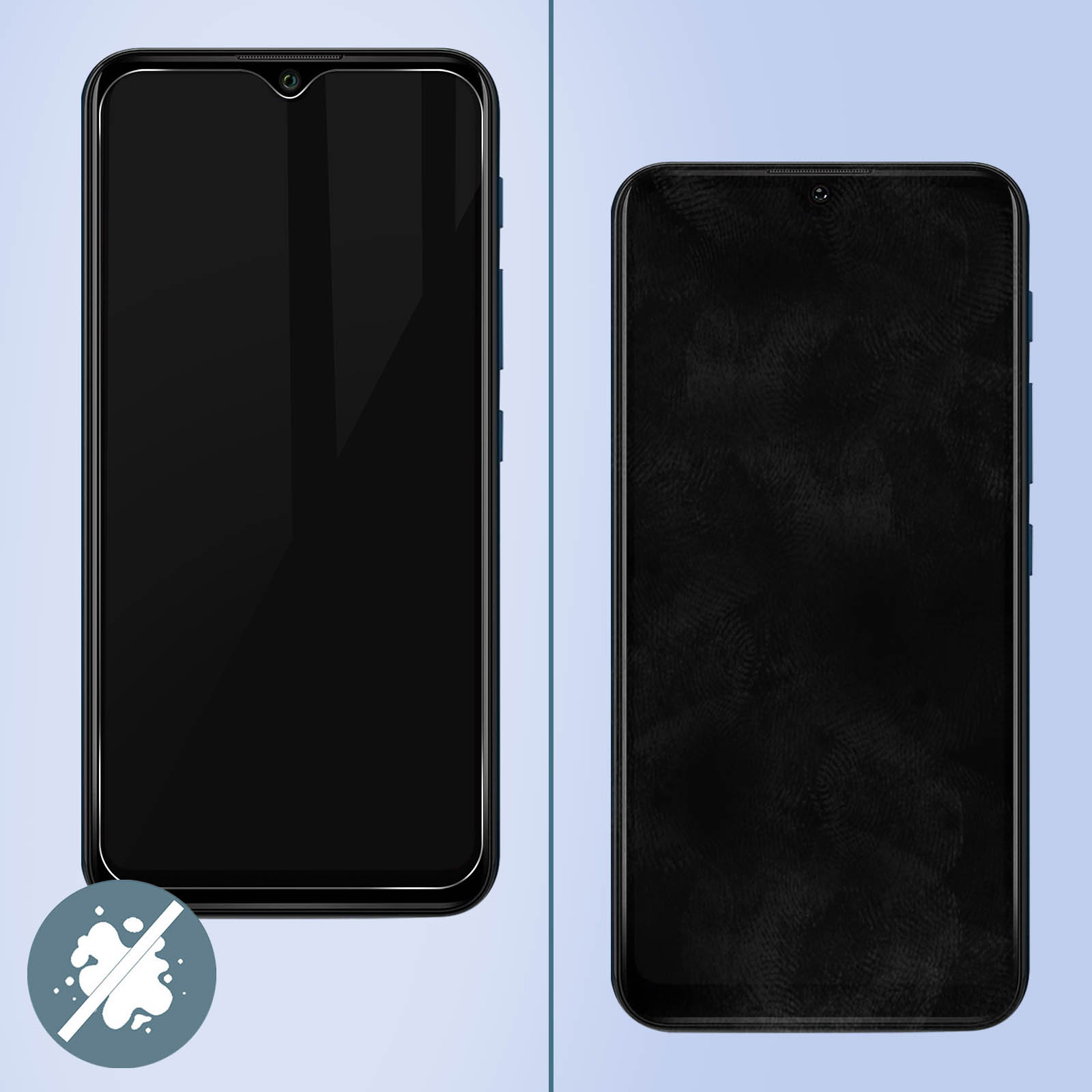 Telefono con e senza protezione schermo, con un simbolo anti-macchia.