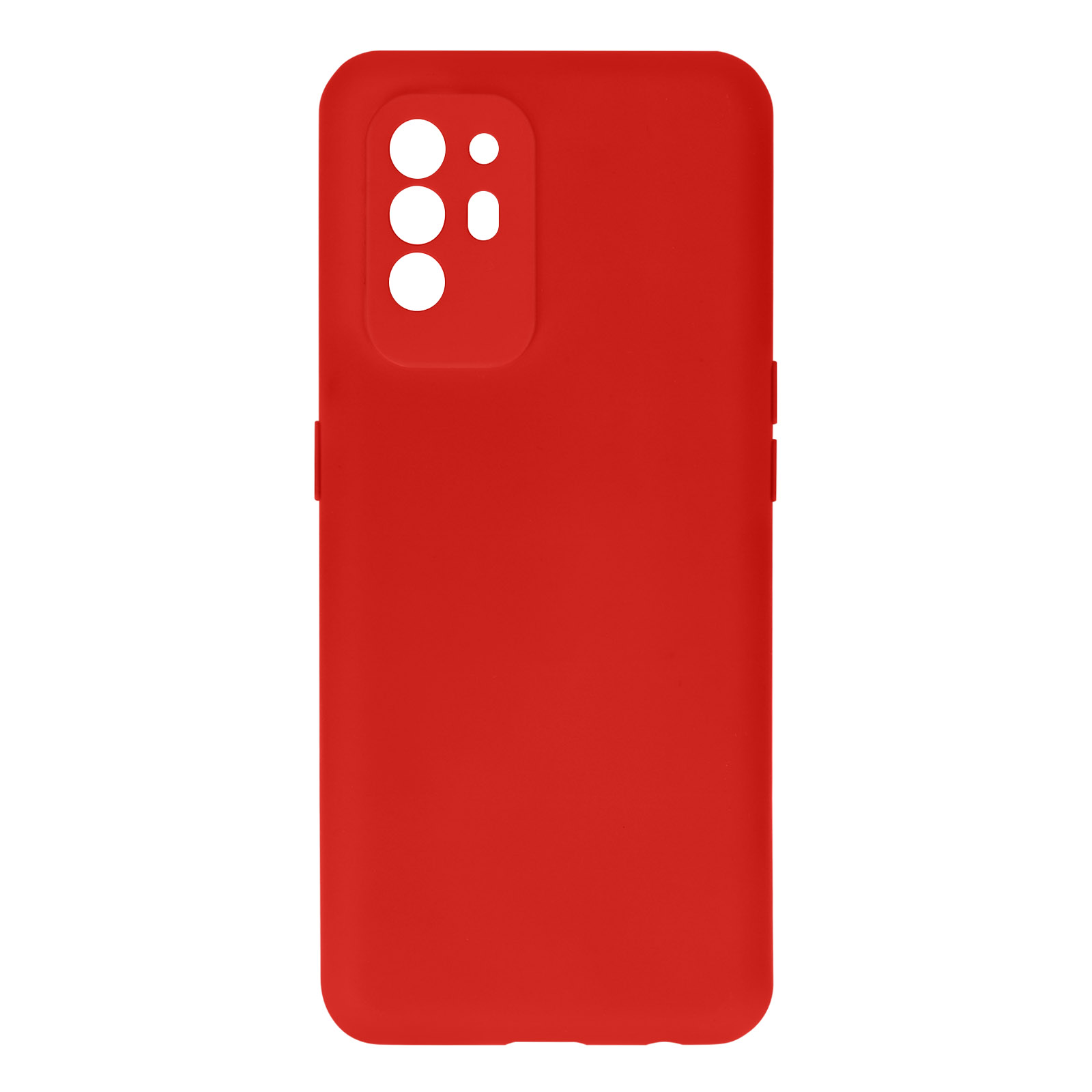 Coque rouge, découpes caméra, surface lisse.