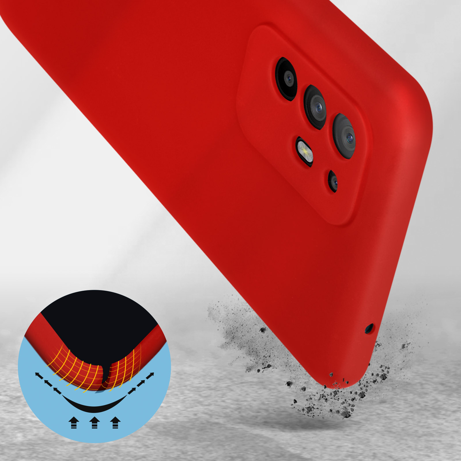 Coque de téléphone rouge, inclinée. Caméra noire, coque rouge tombant. Impact au sol.