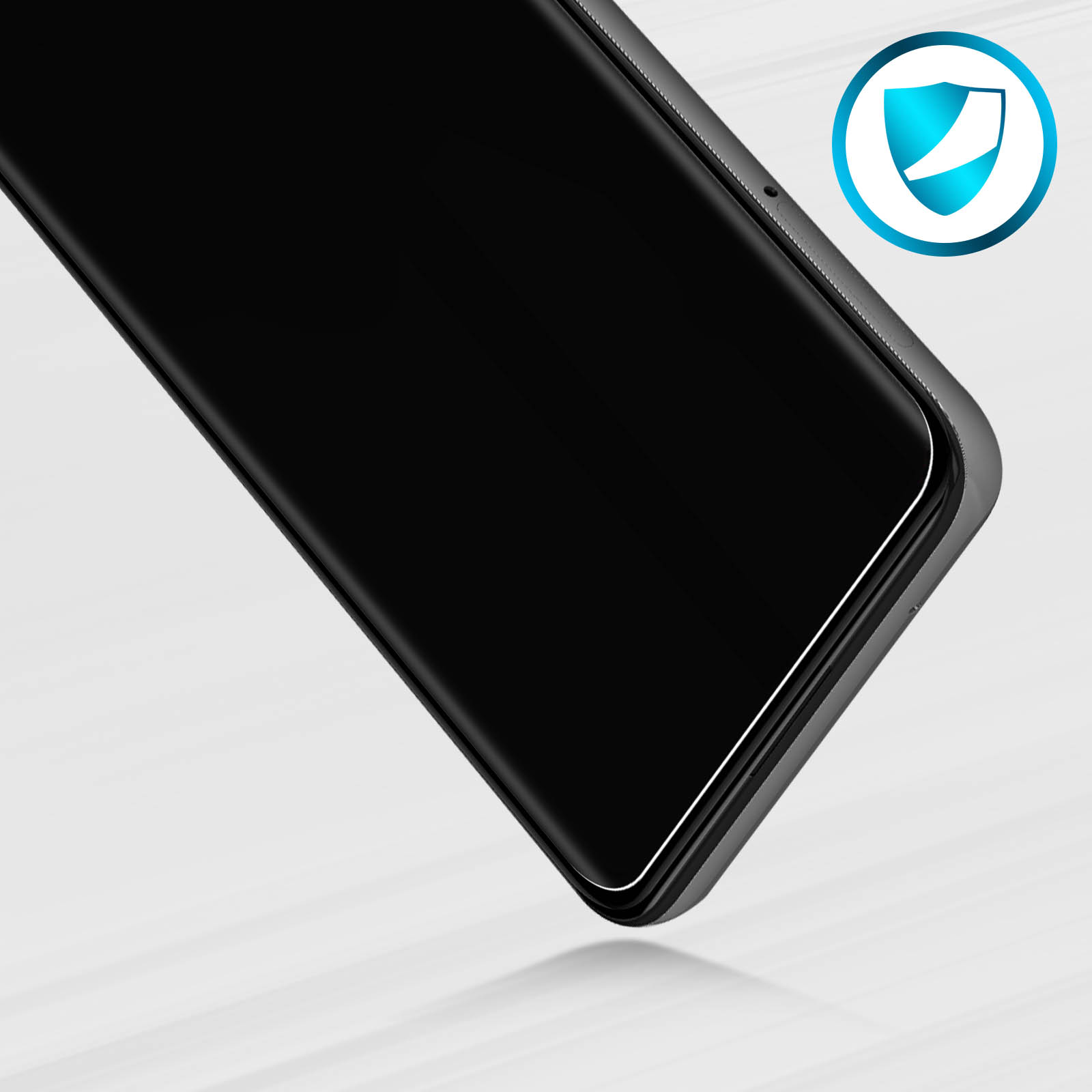 Schermo del telefono con icona scudo, protezione schermo, su superficie bianca.