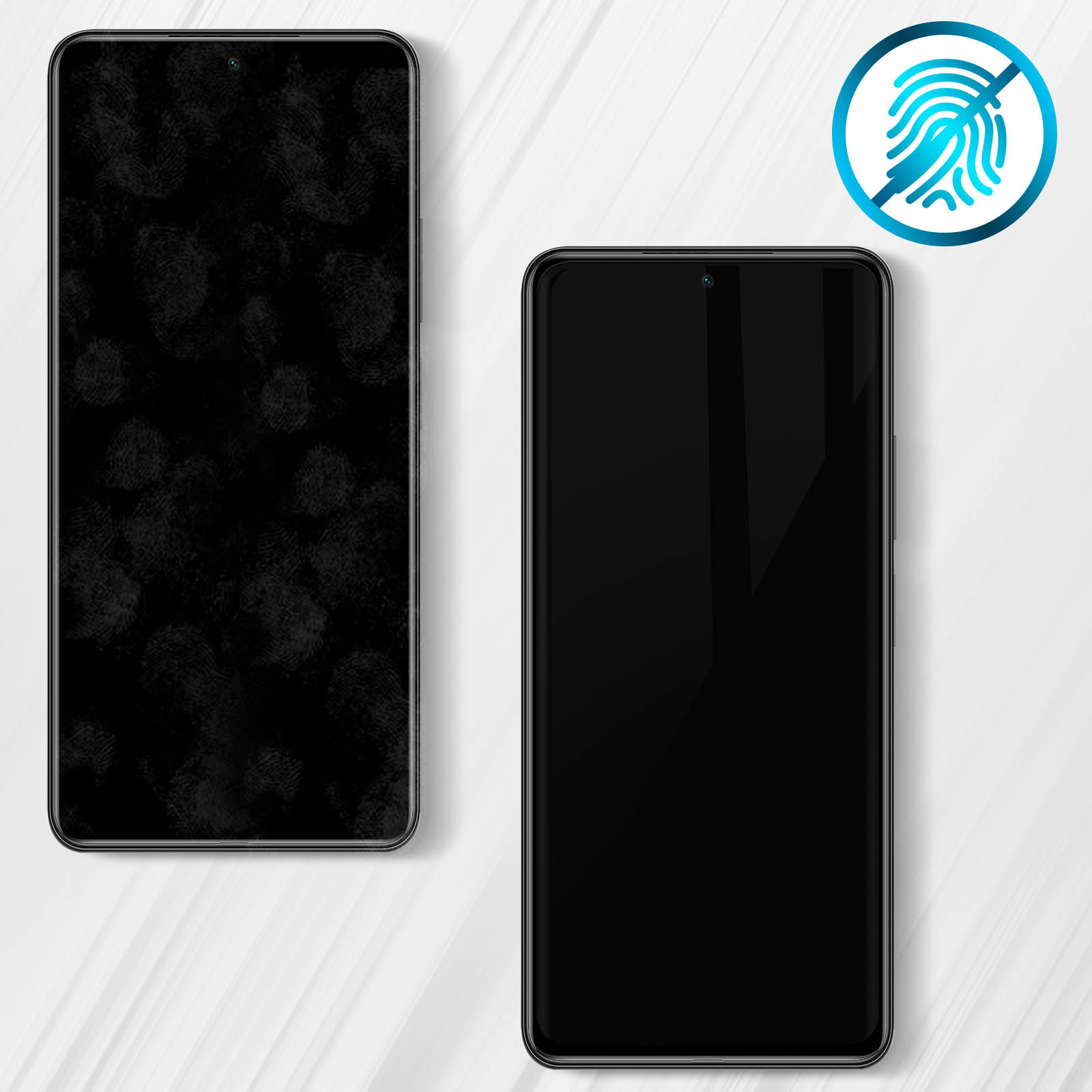 Due smartphone, uno pulito, uno con impronte digitali, e un'icona di impronta.