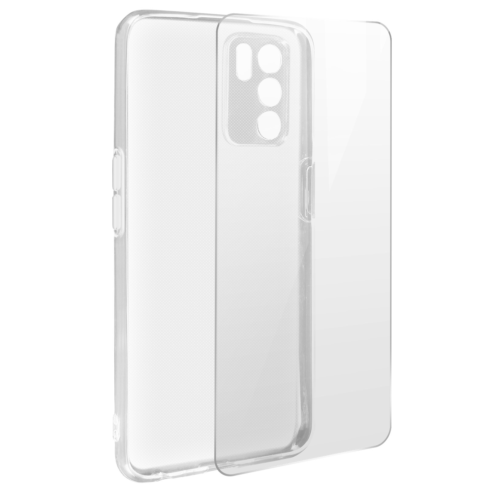 Custodia trasparente, due pezzi, con telefono dentro. La custodia ha un rilievo per la fotocamera.