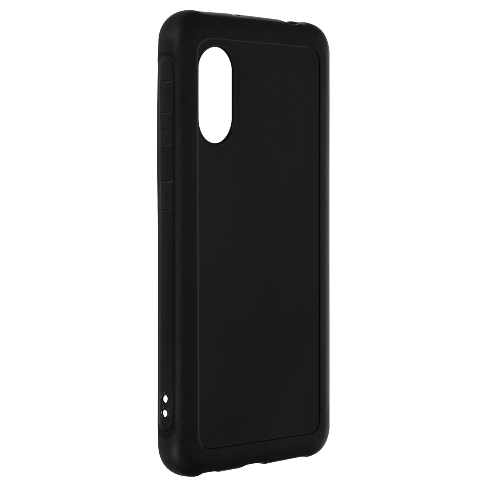 Coque de téléphone noire avec trou pour la caméra, sur fond blanc, avec des boutons sur le côté.
