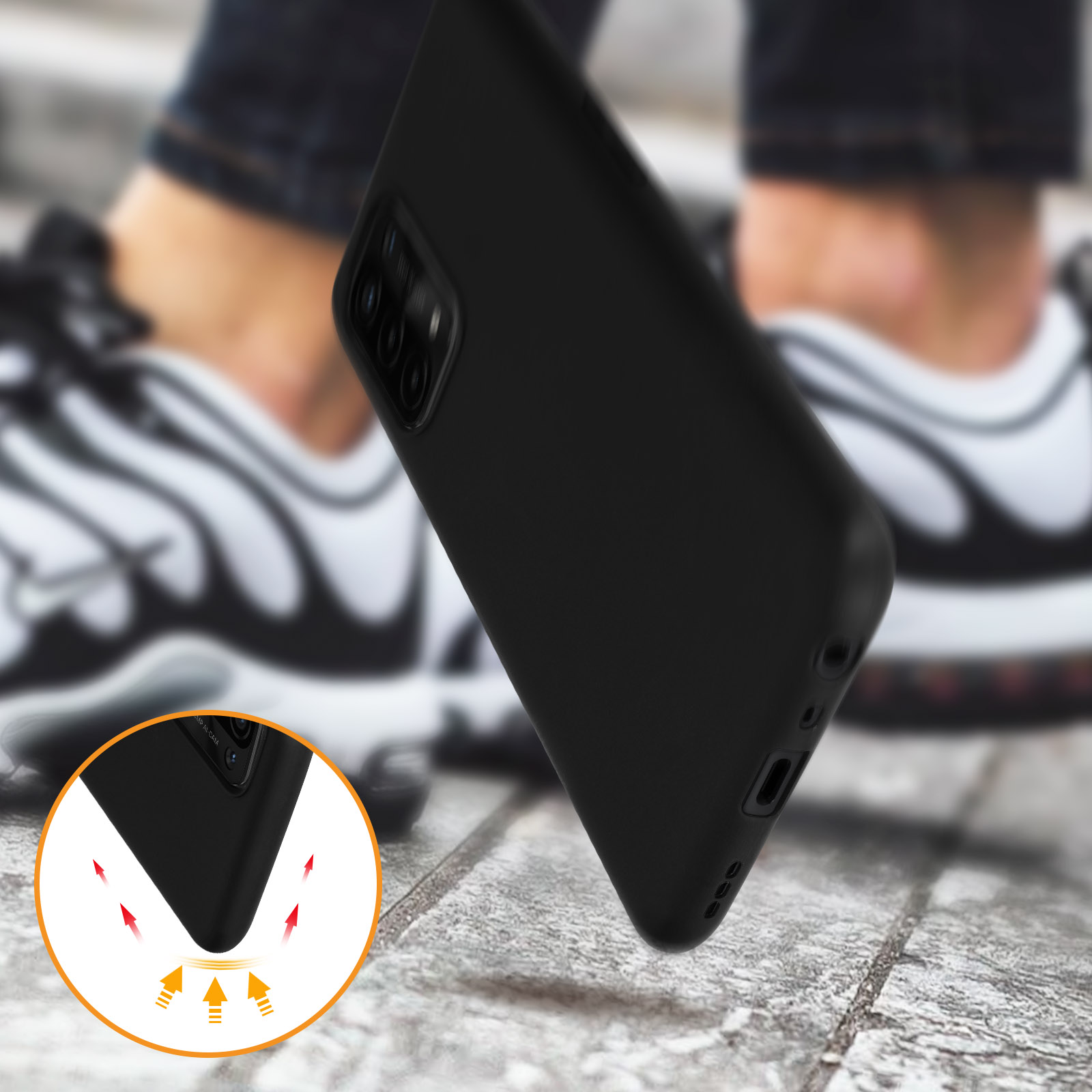 Étui de téléphone noir, avec des flèches rouges indiquant l'absorption des chocs.