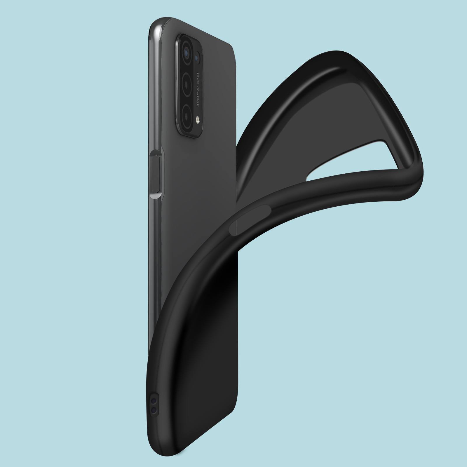 Coque de téléphone noire avec un design incurvé. Elle est sur un fond bleu clair.