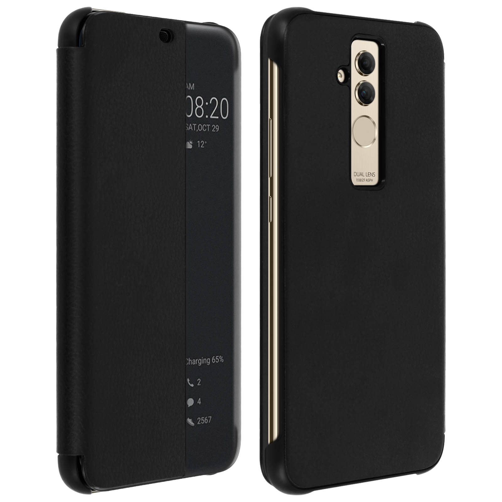 Custodia nera per telefono, con schermo visibile. Custodia aperta, che mostra l'ora. Stato di carica mostrato.
