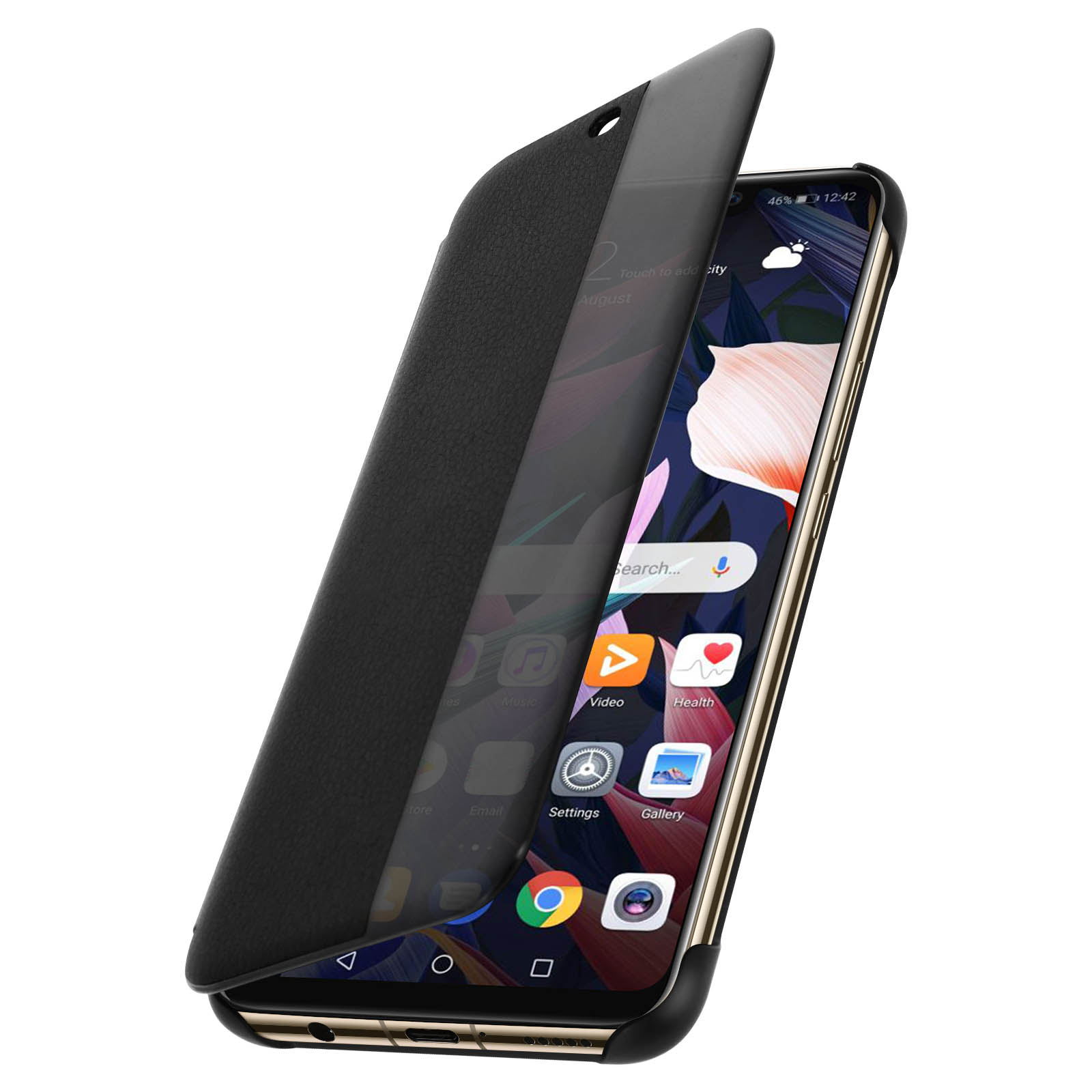 Custodia nera per telefono con cover a ribalta aperta. Il telefono mostra le app. Lo sfondo è bianco.
