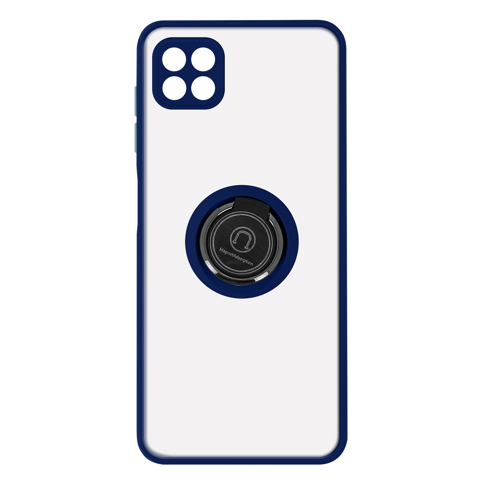 Custodia per telefono bianca con bordo blu e supporto ad anello nero al centro.