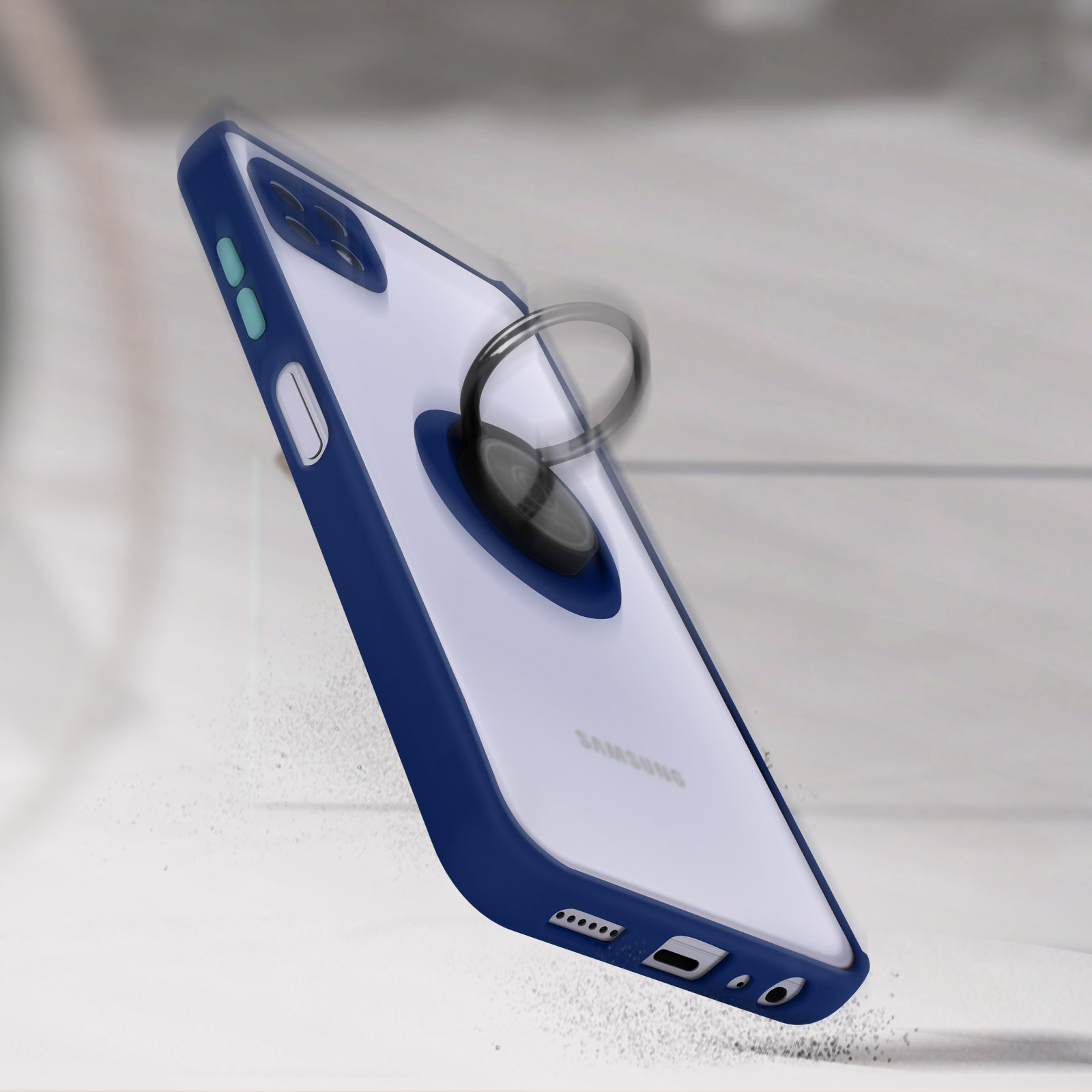 Telefono in una custodia con un porta anello. Il telefono è leggermente inclinato e lo sfondo è sfocato.