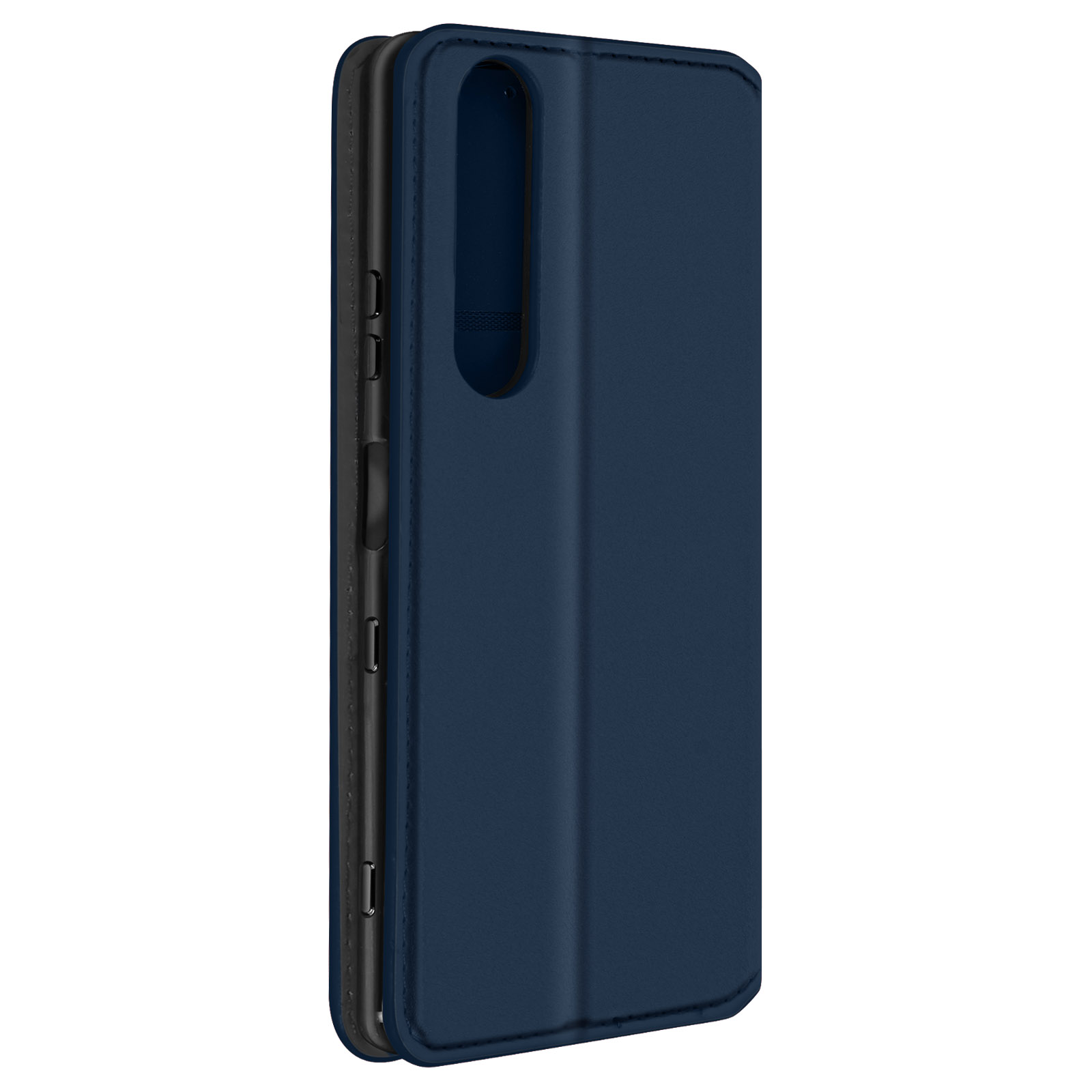 Custodia blu navy chiusa. Mostra il profilo laterale. Sfondo bianco.