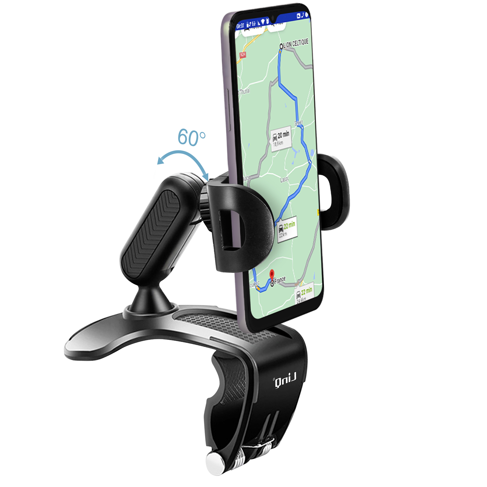 Telefono nero in supporto per auto. Lo schermo mostra una mappa di navigazione. L'angolo è di 60 gradi.