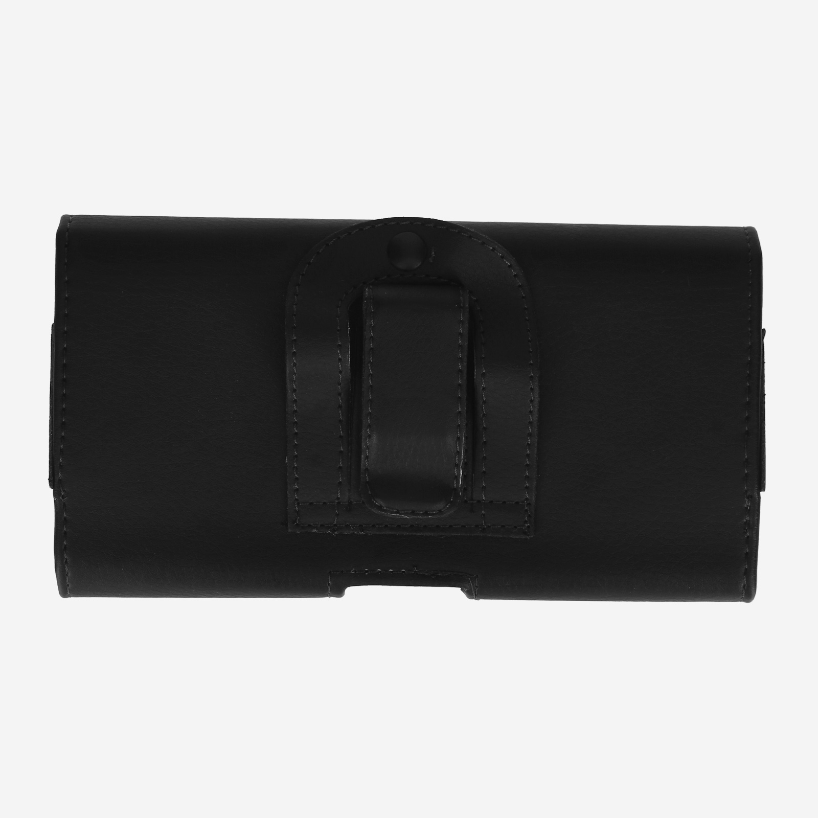 Custodia per telefono in pelle nera con clip per cintura. Su sfondo bianco.