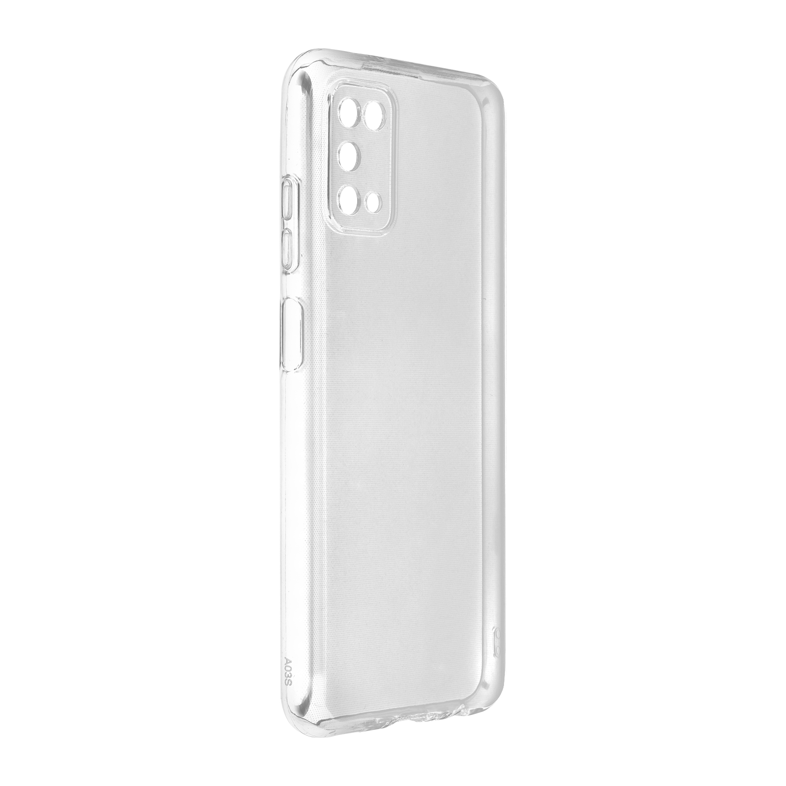 Custodia trasparente per telefono. Vista verticale. Pulsanti laterali visibili.