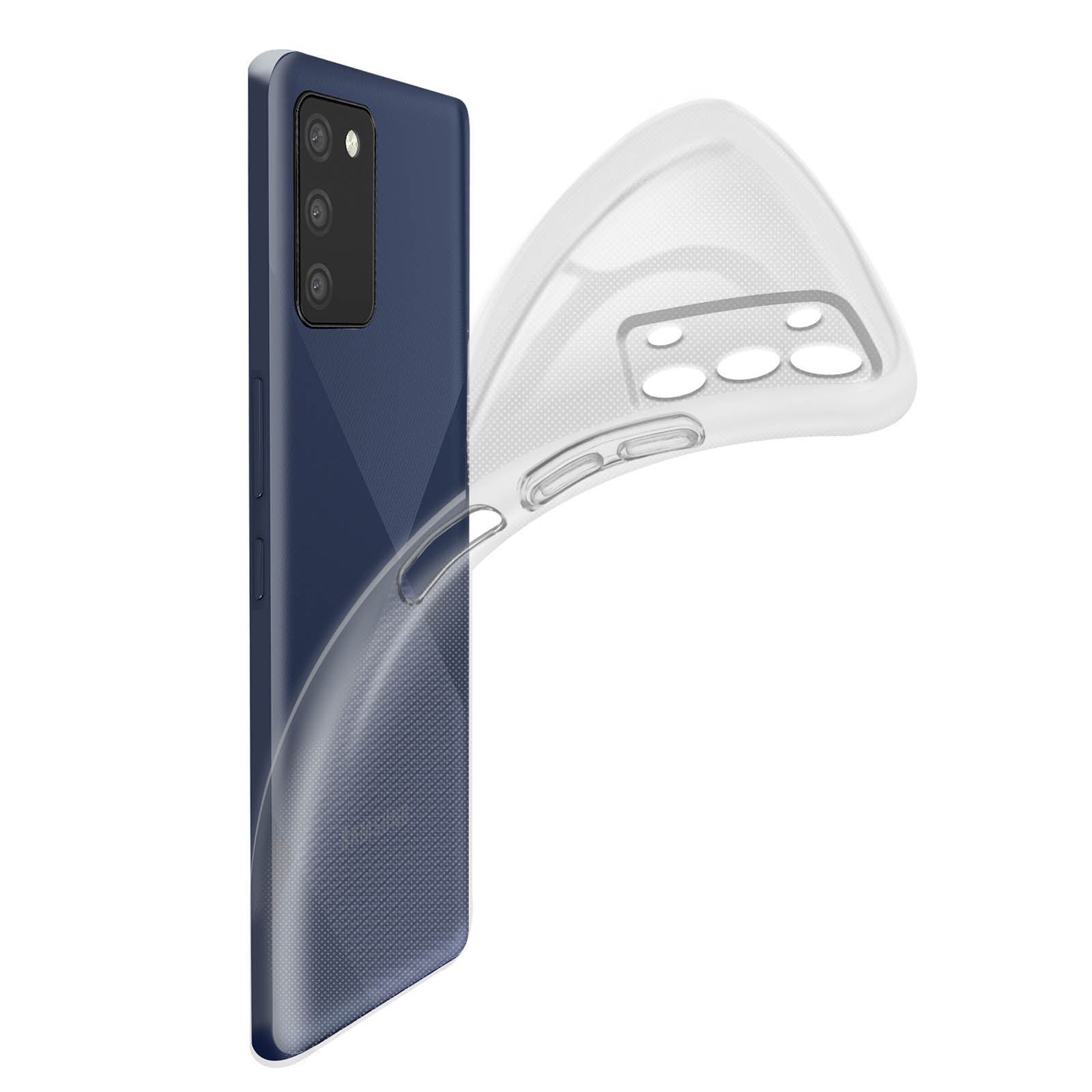 Telefono blu con custodia trasparente rimossa. La custodia è piegata e separata.