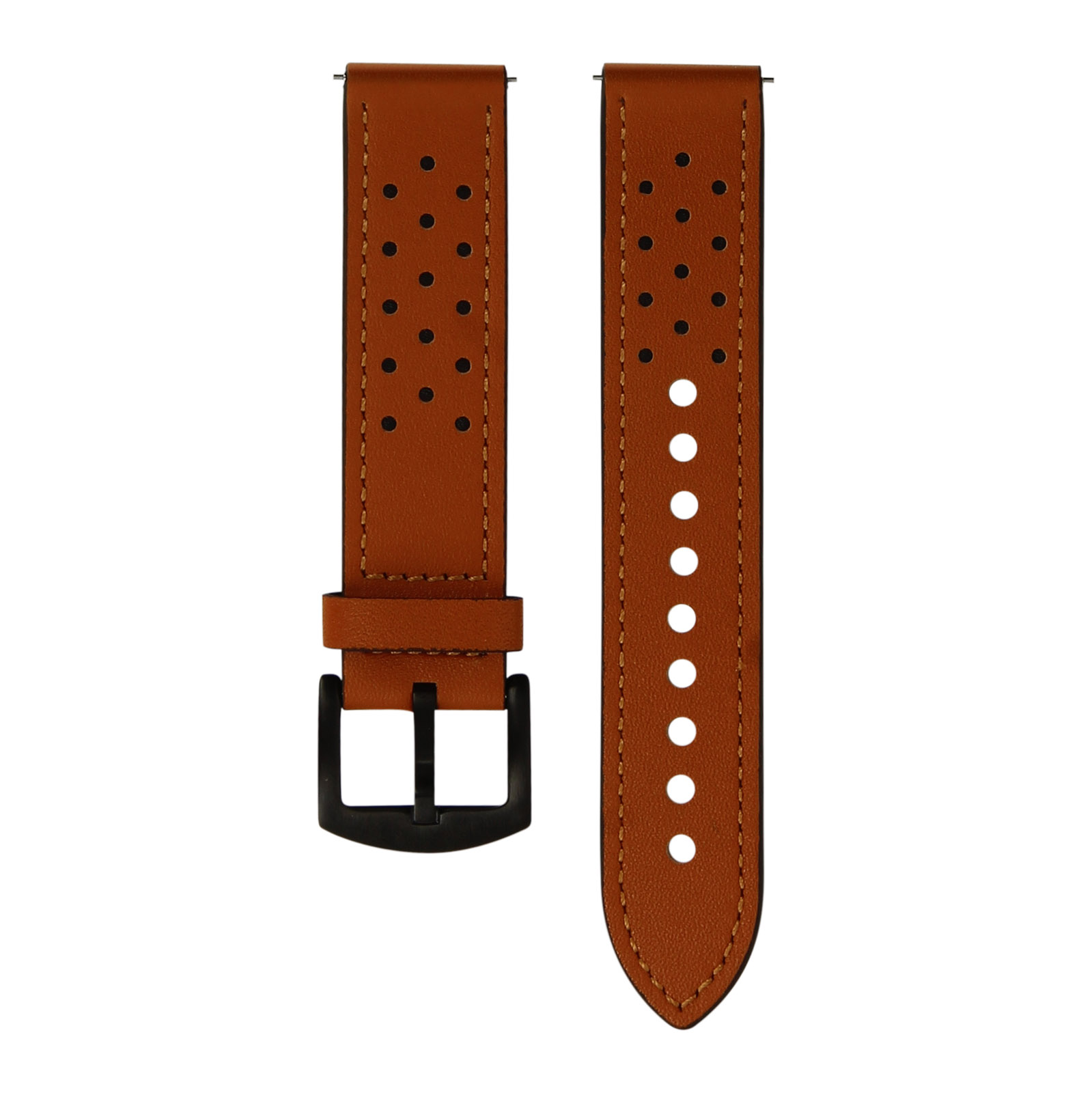 Due cinturini per orologio in pelle marrone. Fibbia e fori neri.