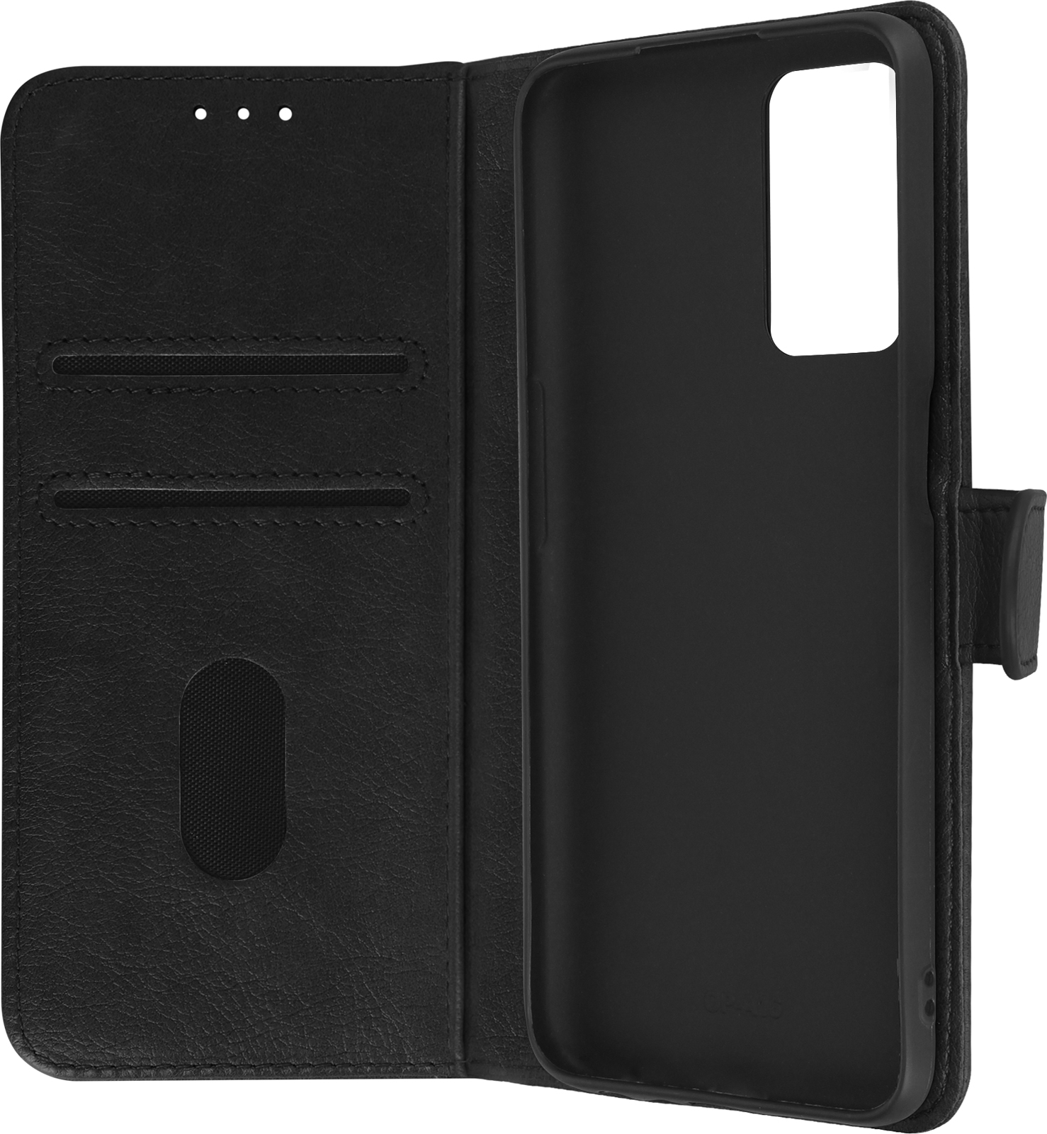Étui de téléphone en cuir noir ouvert avec fentes pour cartes. Le téléphone est à l'intérieur.