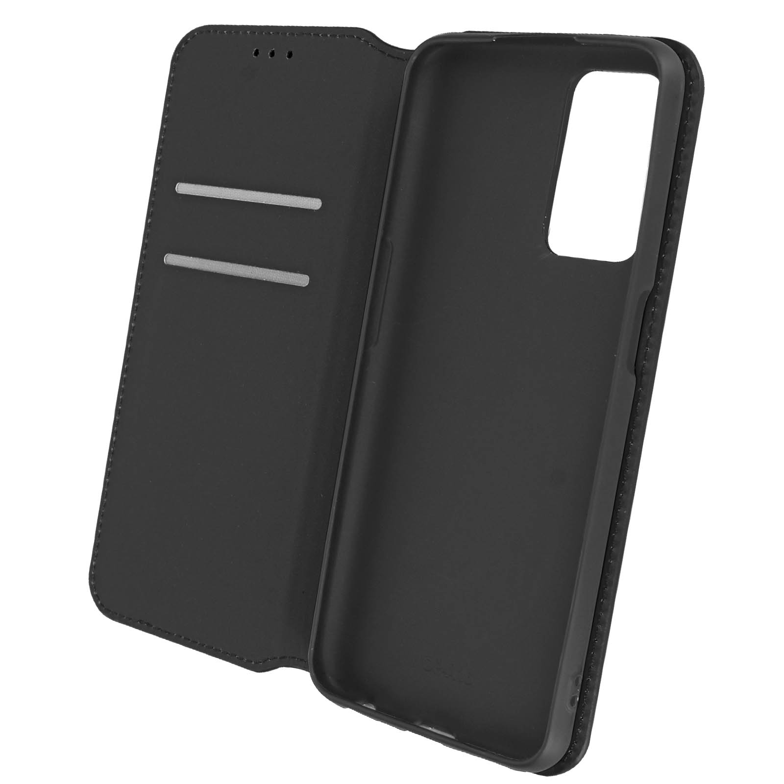 Étui de téléphone noir, ouvert, montrant l'intérieur et les fentes pour cartes. L'étui est sur une surface blanche.