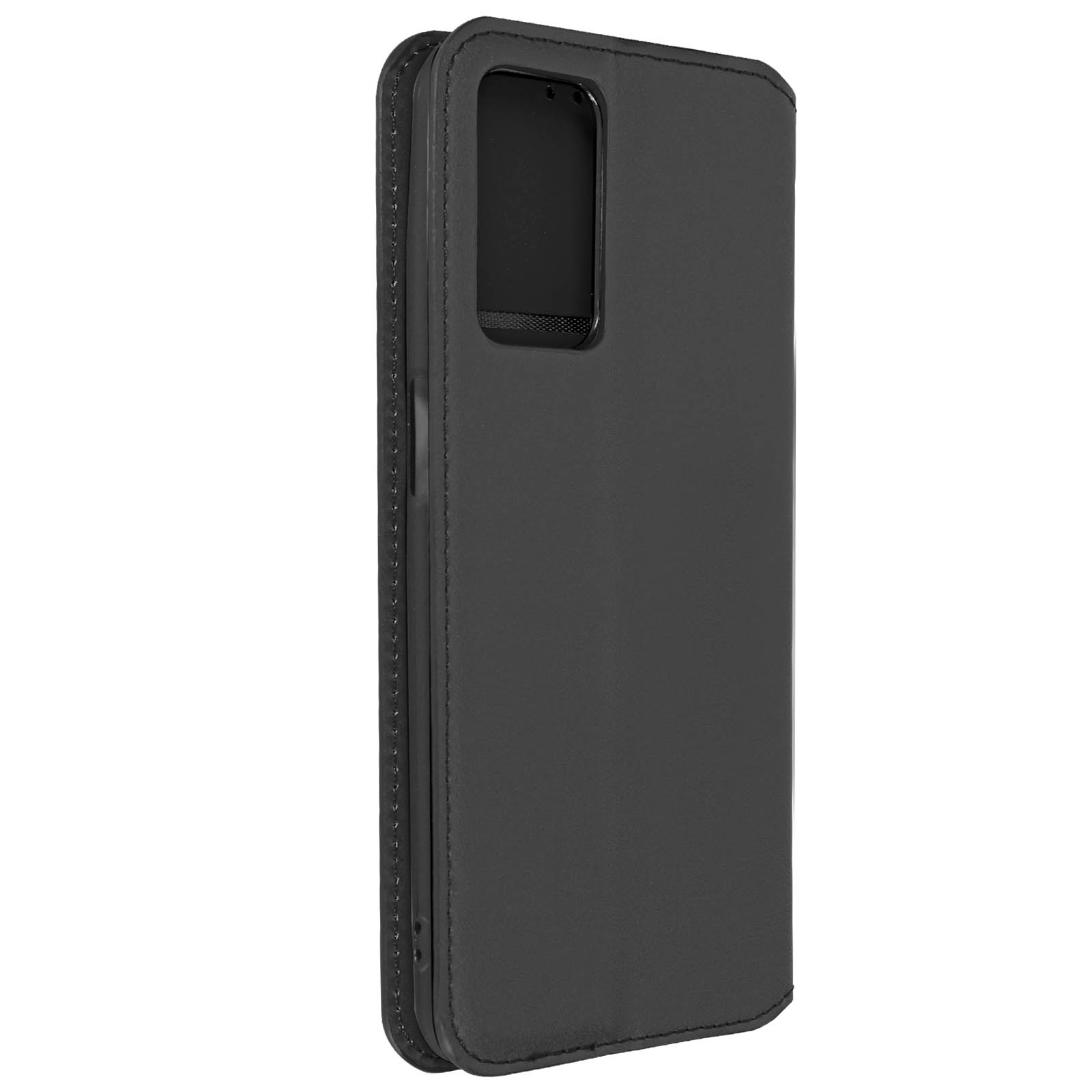 Étui de téléphone noir, fermé, avec un trou pour la caméra.