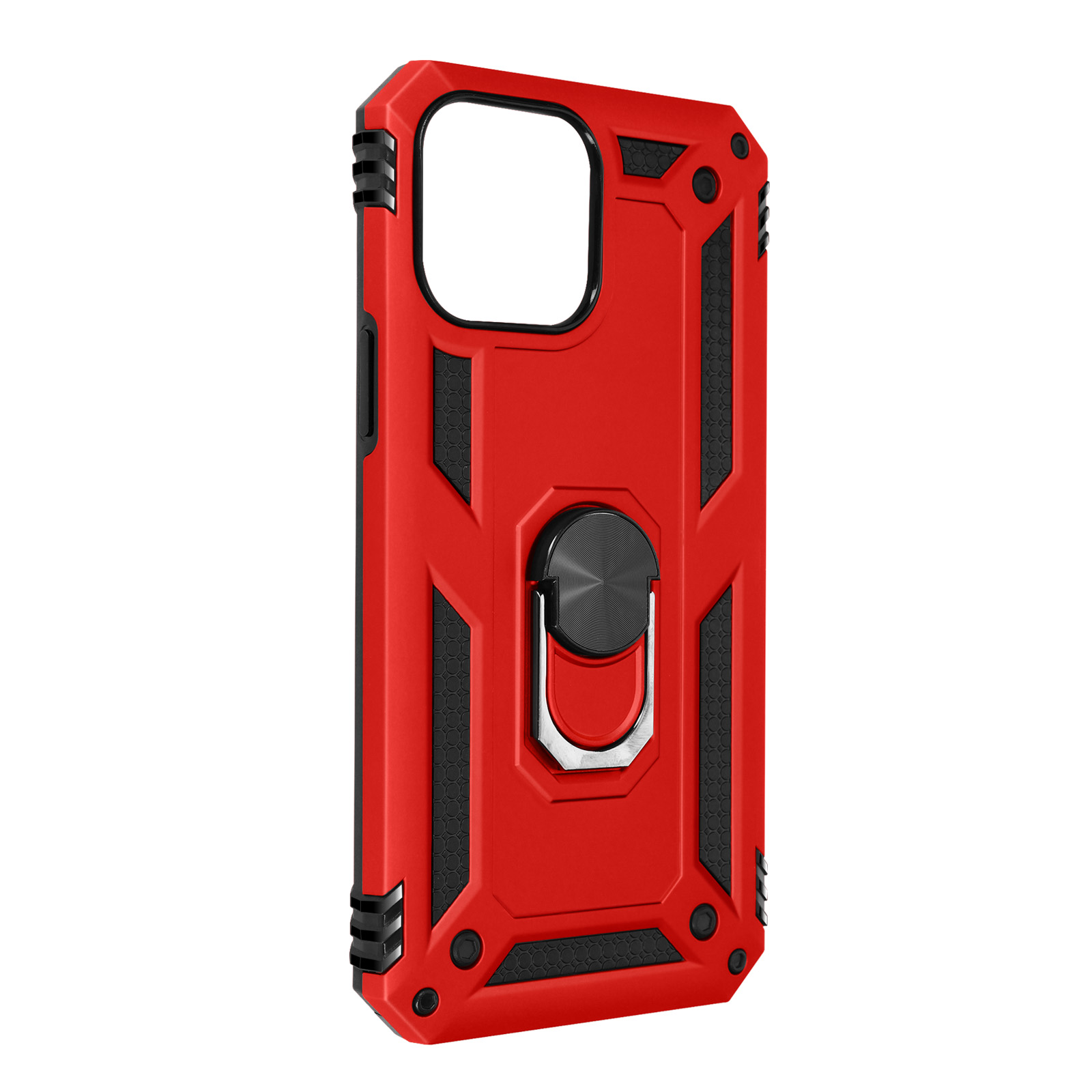 Custodia rossa per telefono con dettagli neri e anello.