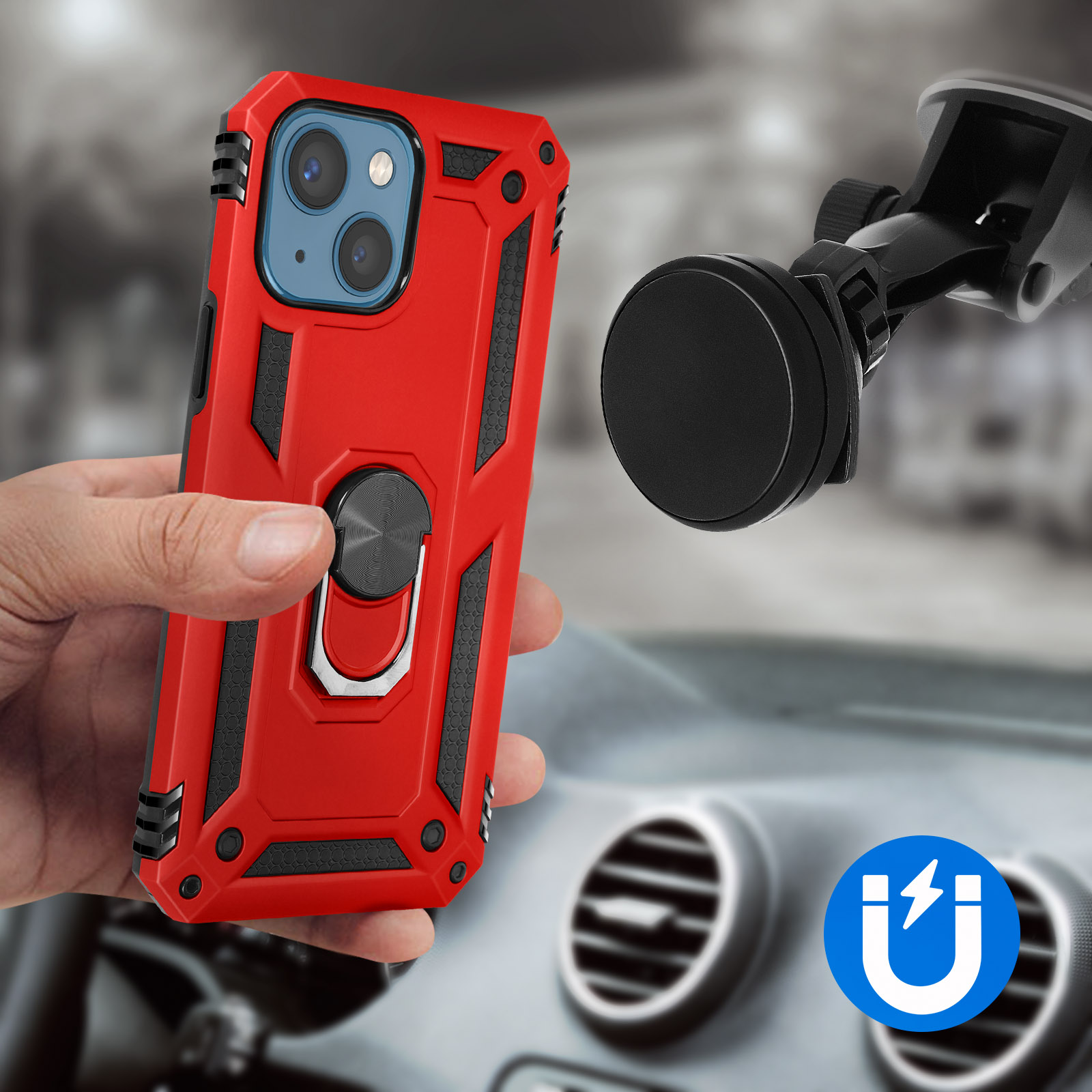 Una custodia rossa con un supporto ad anello in mano a una persona. Una bocchetta dell'auto e un supporto magnetico.