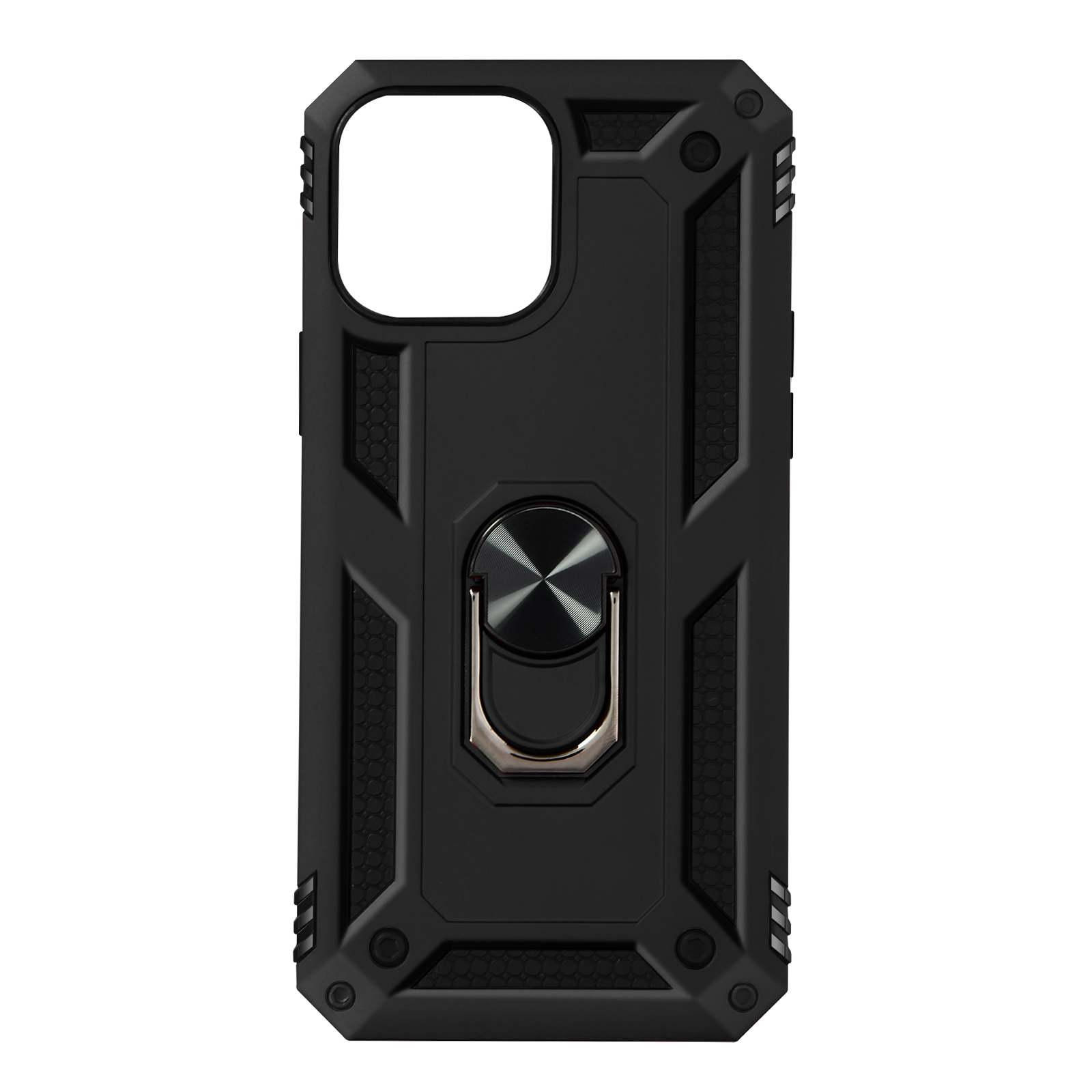 Coque de téléphone noire avec support de bague. La coque a un design robuste et une bague pour la prise en main.