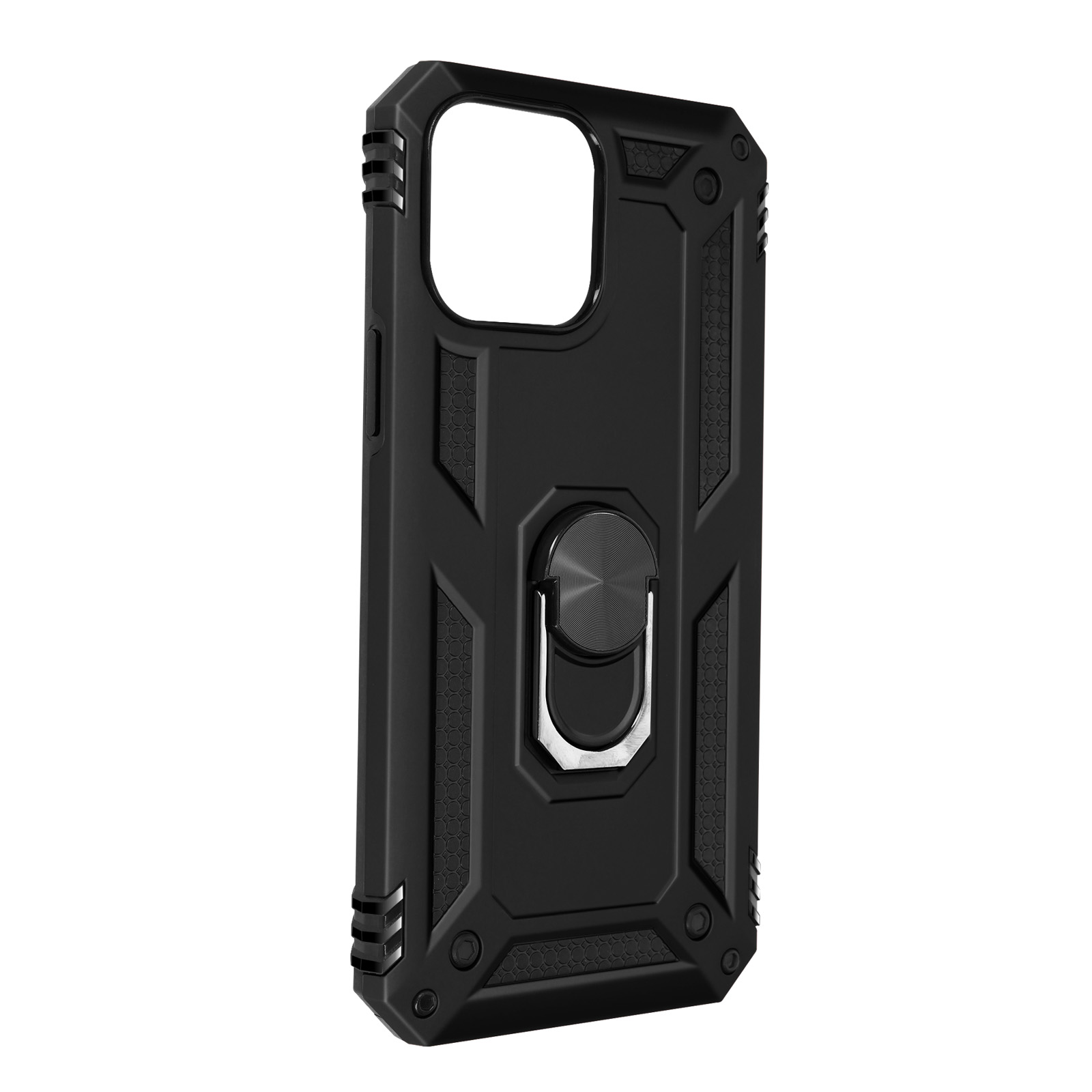Coque de téléphone noire avec un support de bague. Design robuste et finition élégante.