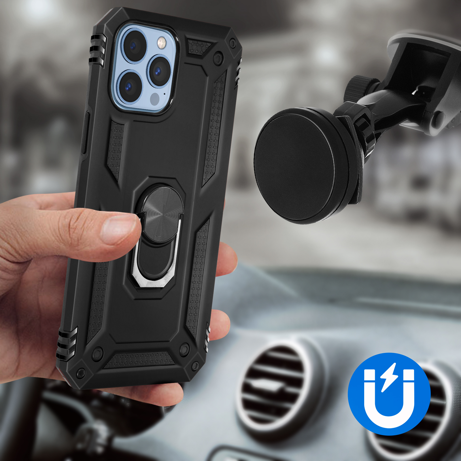 Coque de téléphone noire avec support d'anneau et un support de téléphone sur le tableau de bord d'une voiture.