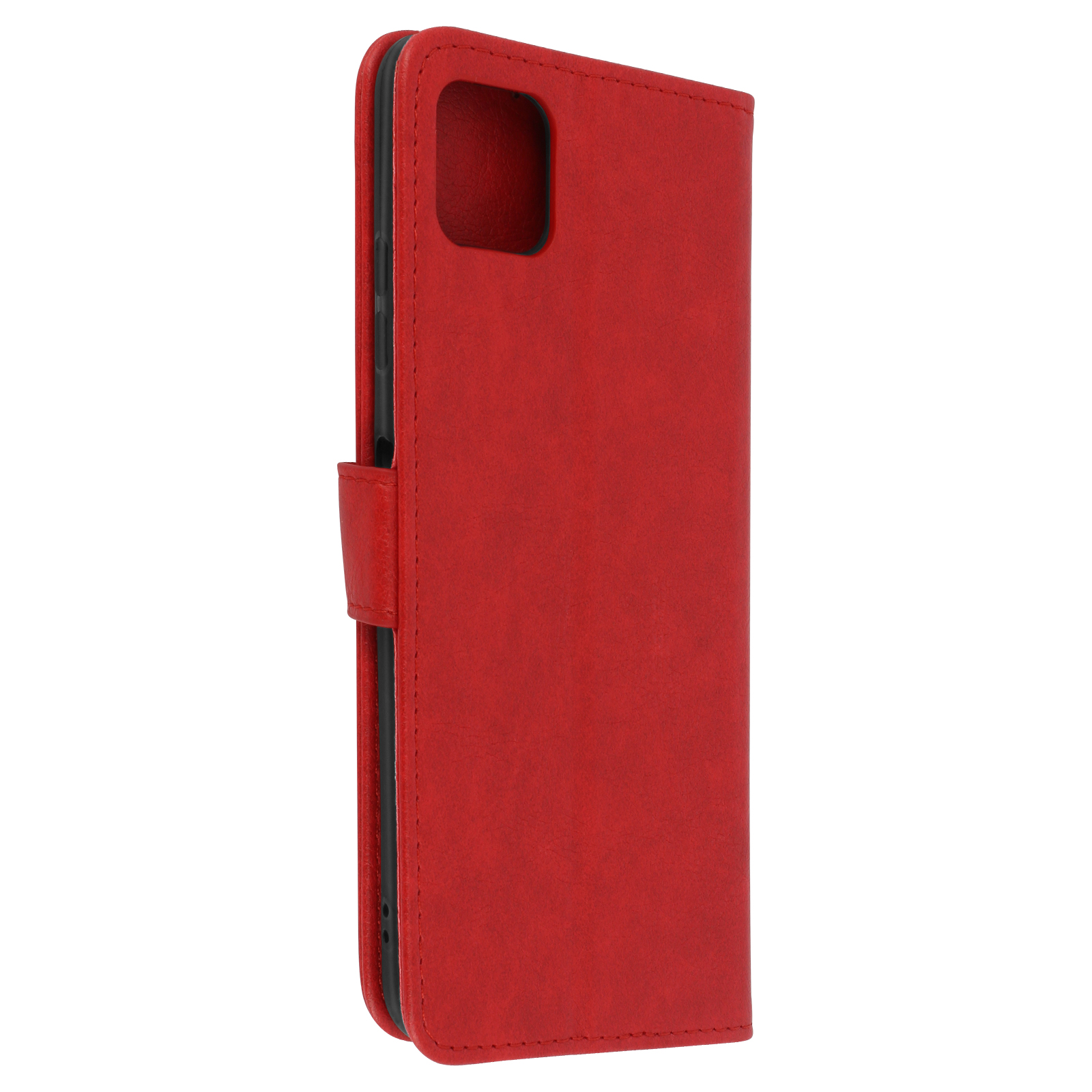 Rode leren telefoonhoes opgevouwen. Met camera-opening en magnetische sluiting.