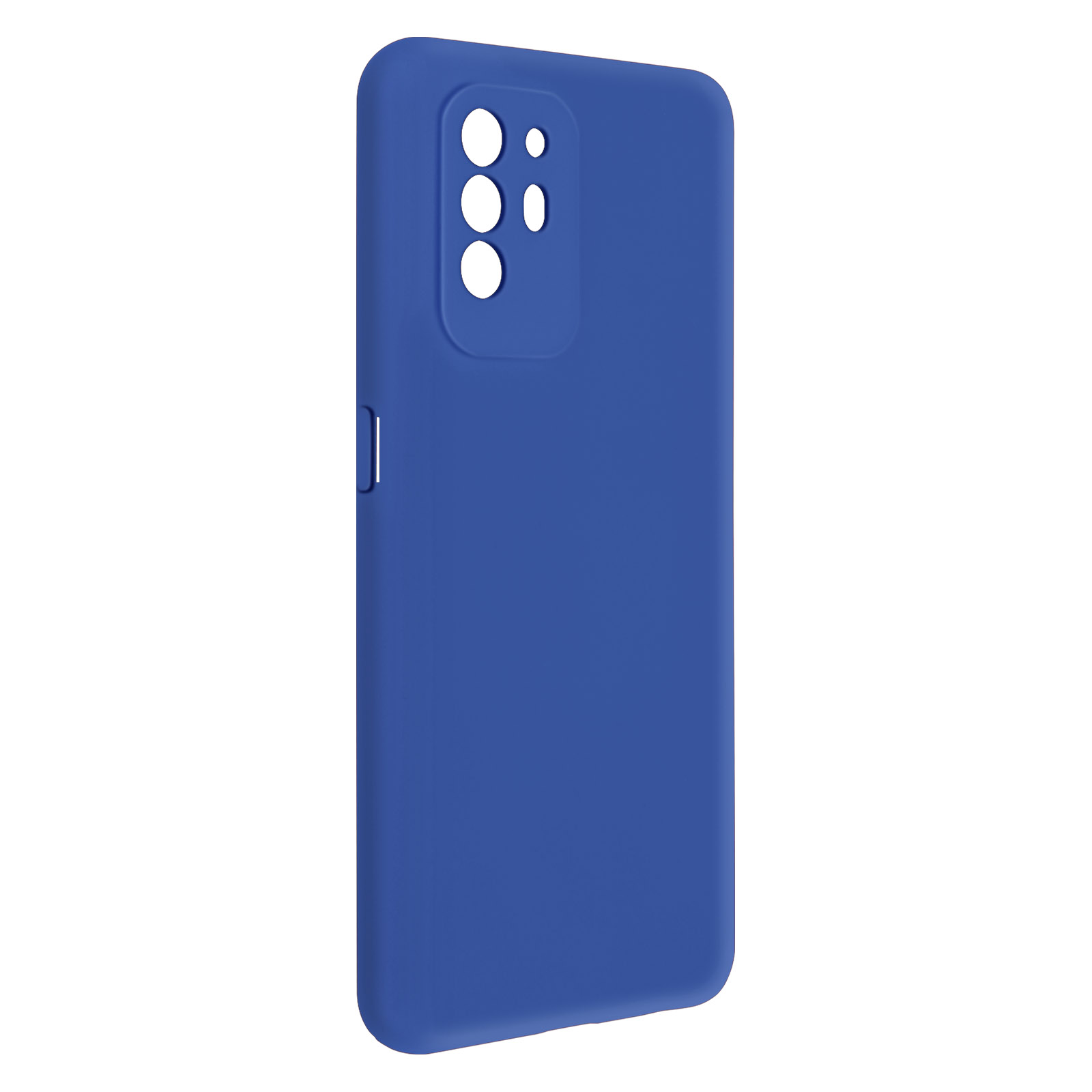 Un étui de téléphone bleu. Il a des découpes pour l'appareil photo et d'autres fonctionnalités.