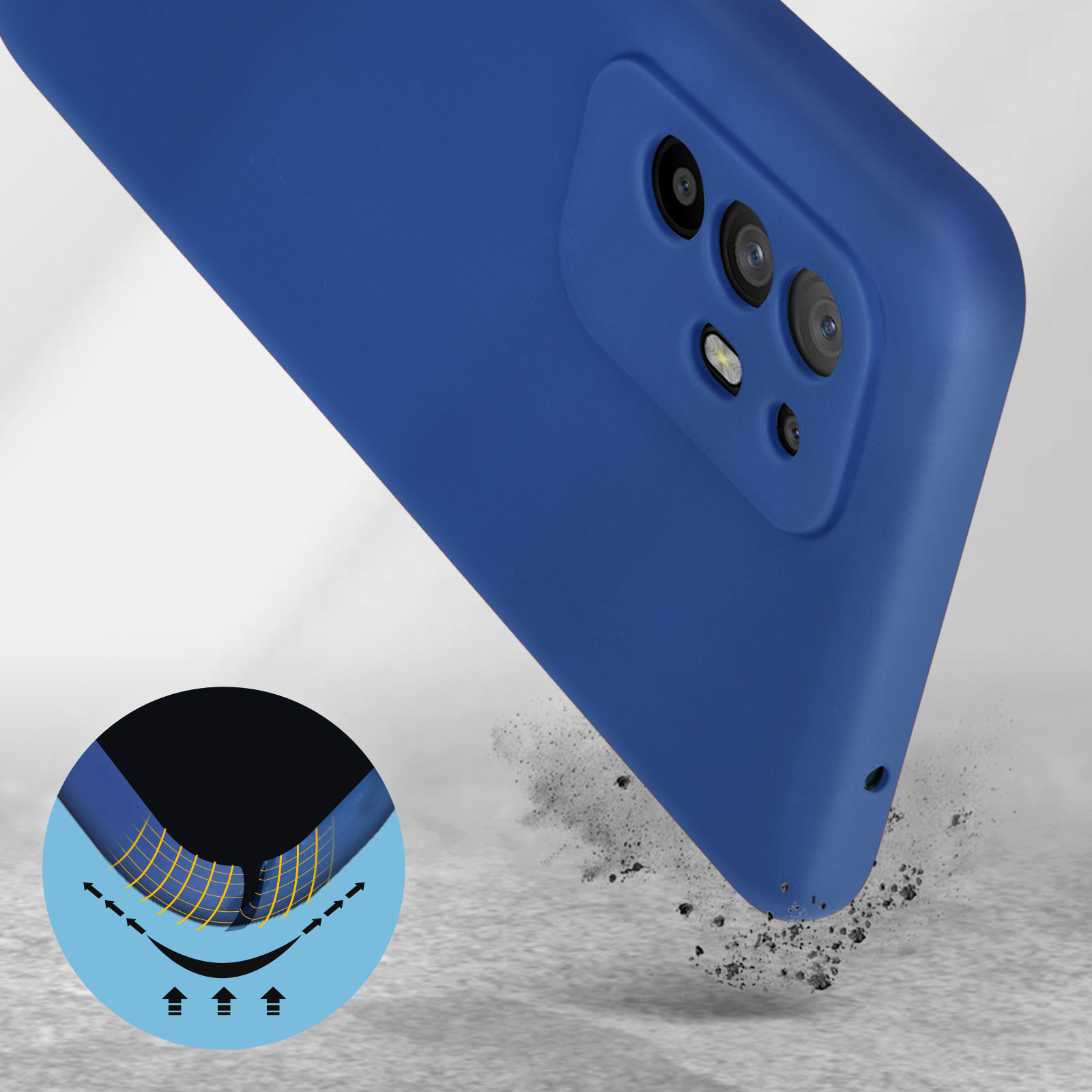 Coque de téléphone bleue avec section détaillée et flèches.