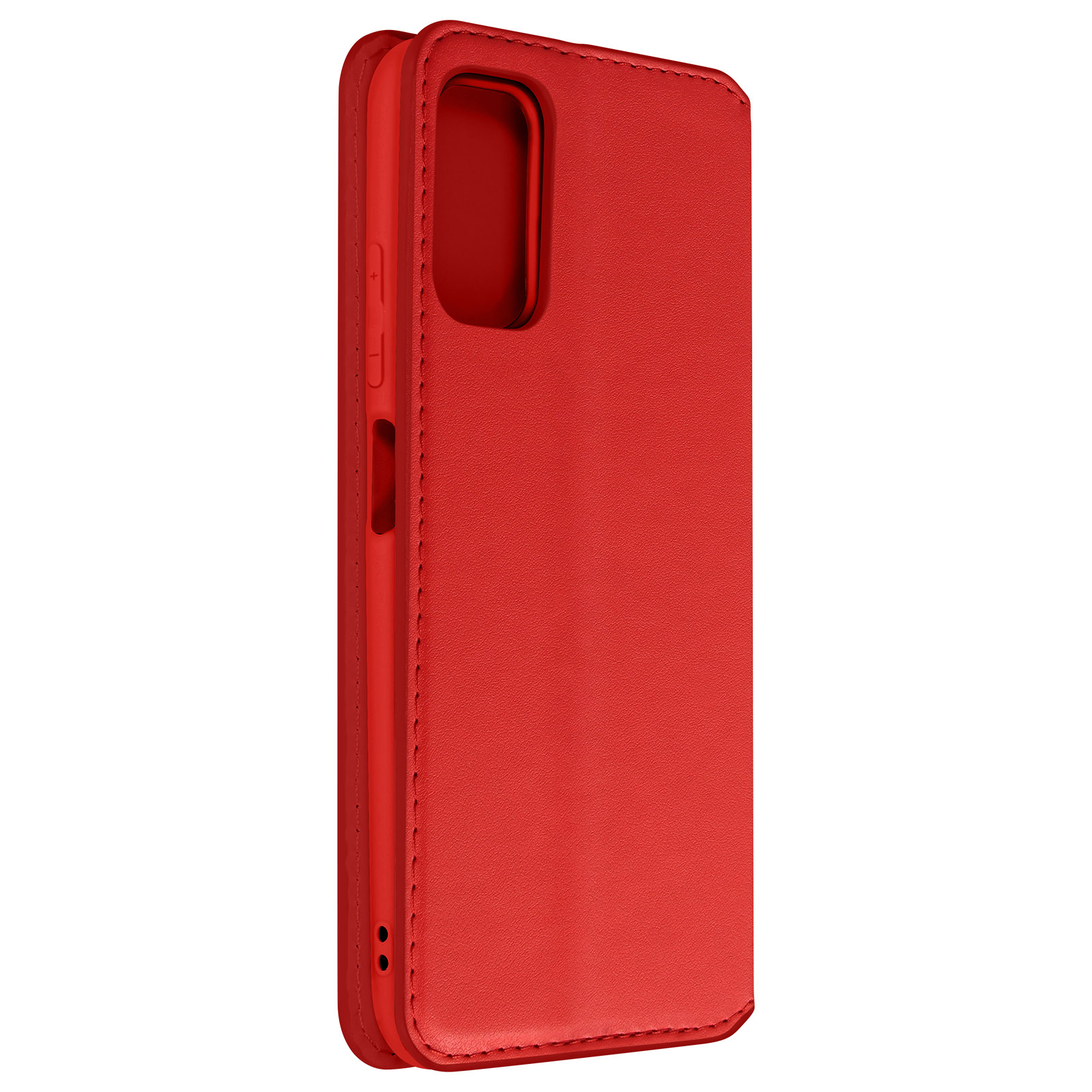 Rode telefoonhoes gesloten. Zijaanzicht. Stikseldetails. Knoppen zichtbaar. Hoes is rood.