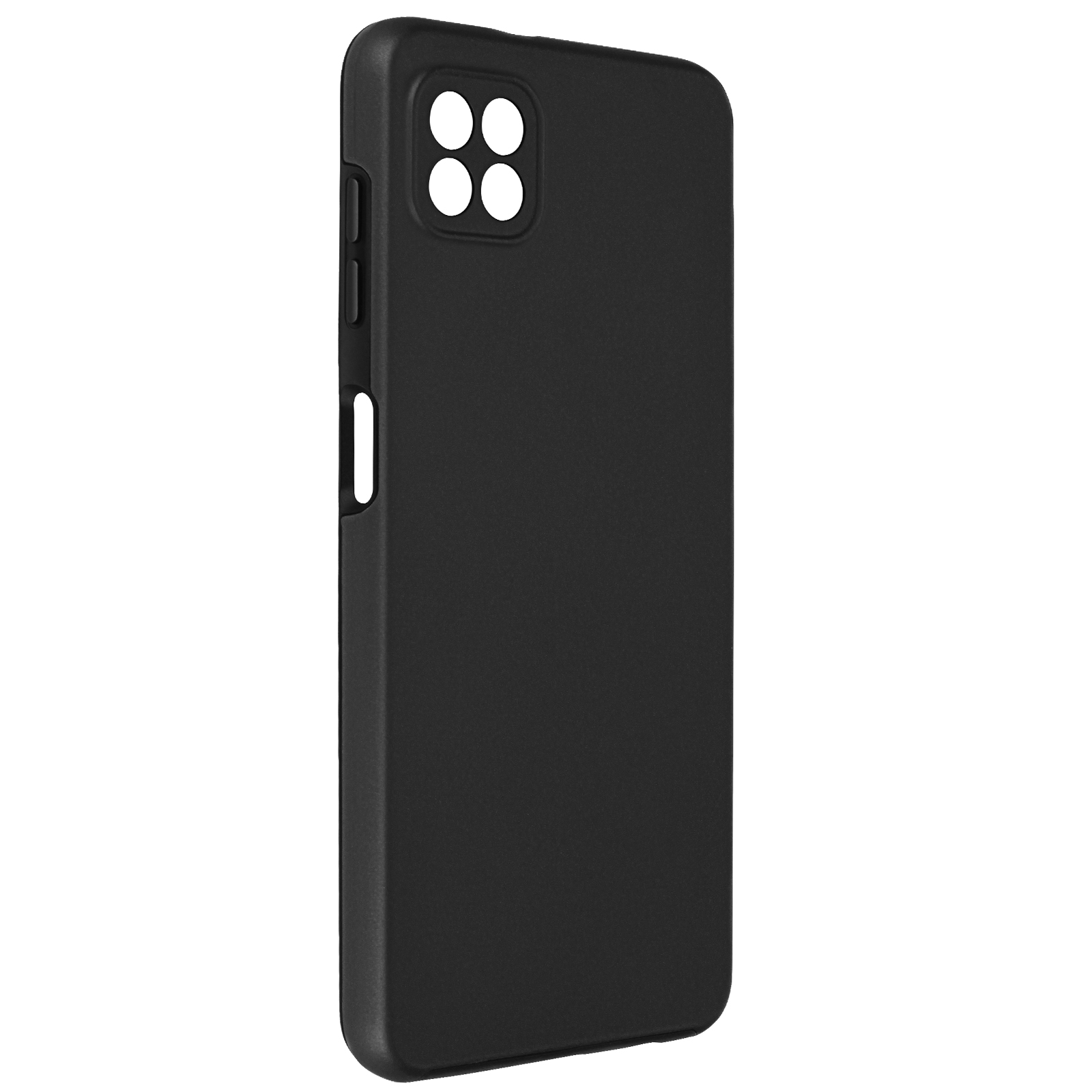 Custodia nera per telefono con fori per fotocamera e pulsanti. La custodia è semplice.
