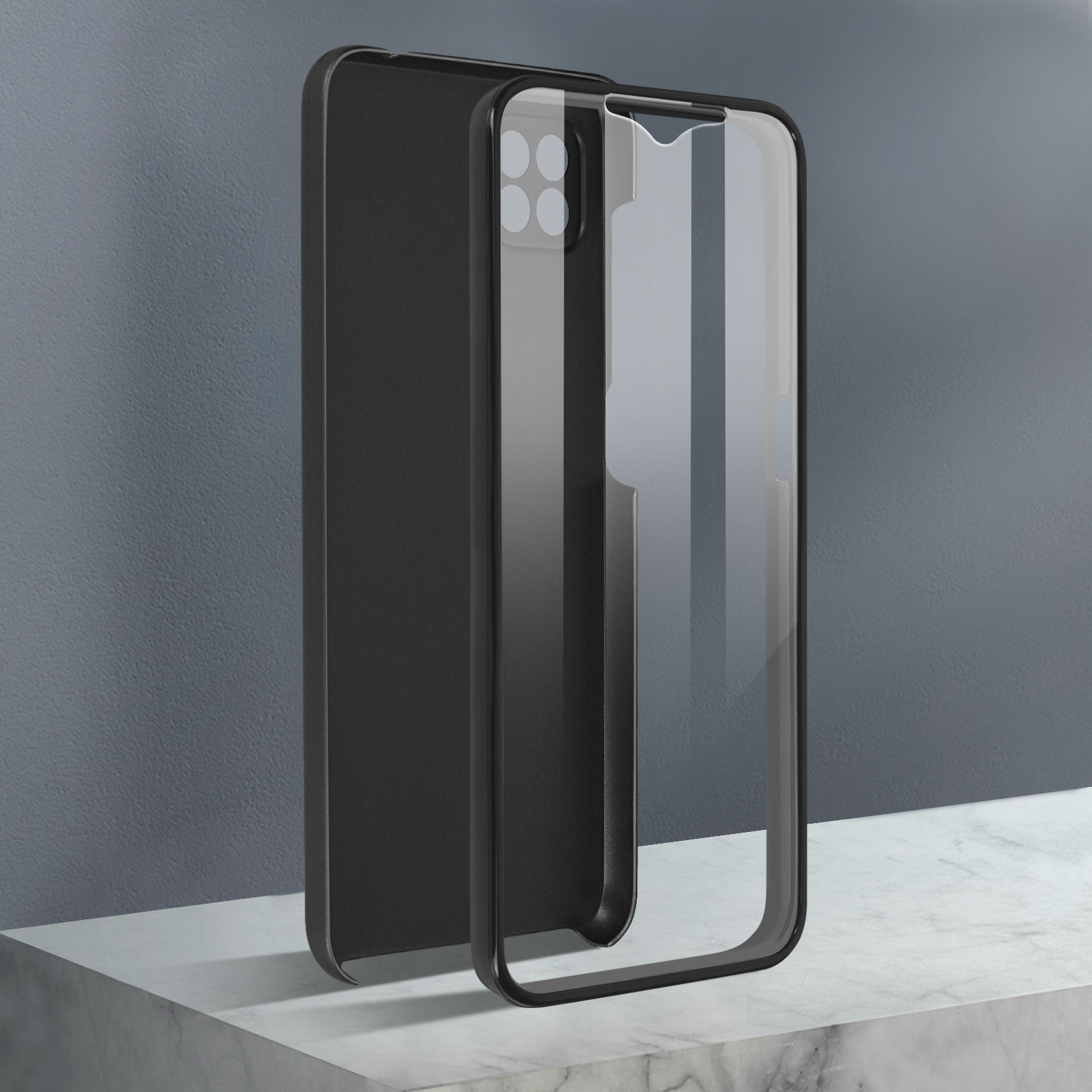 Una custodia per telefono con una copertura frontale trasparente, che mostra un retro nero e ritagli per la fotocamera.