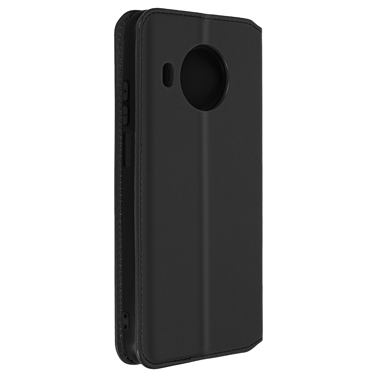 Custodia nera, chiusa, in posizione verticale. Il telefono ha un ritaglio circolare per la fotocamera.