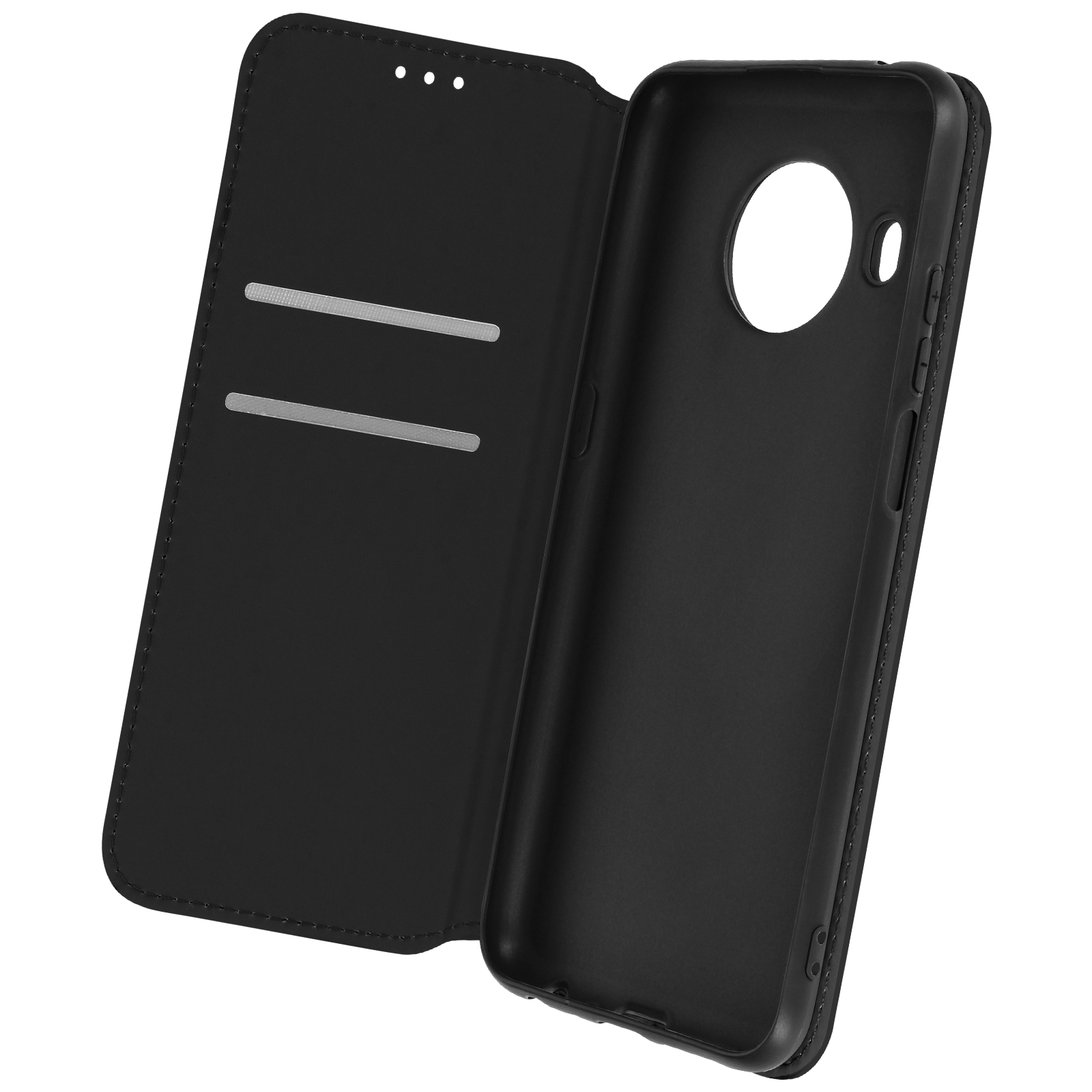 Custodia per telefono nera aperta con fessure per carte. Scomparto telefono vuoto. Sfondo bianco.