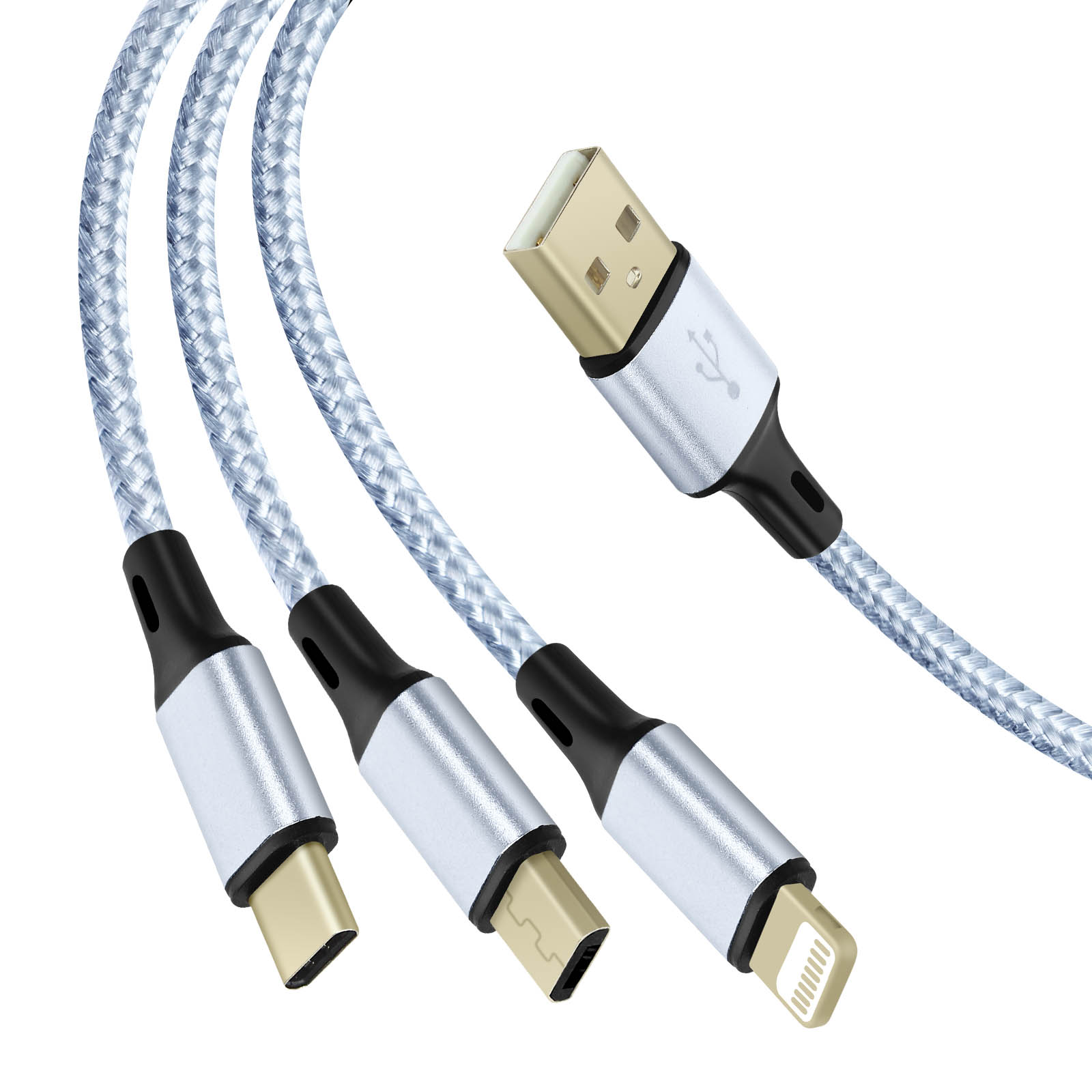 AVIZAR 3-in-1 Kabel mit Anschlüssen, USB-C, USB-Kabel lang und Micro-USB 1,2m Lightning