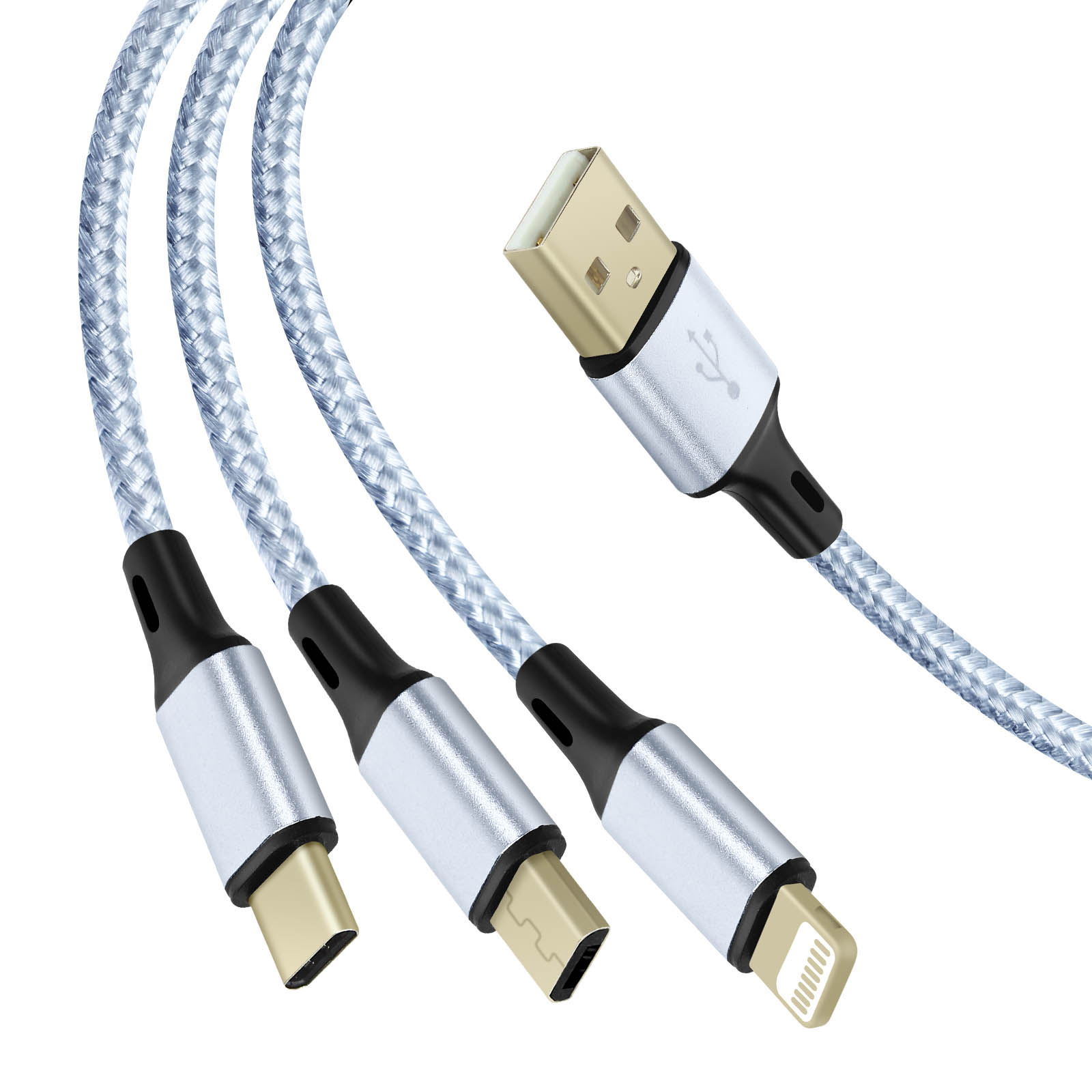Tre cavi di ricarica USB intrecciati argento e grigio. Ogni cavo ha un tipo di connettore diverso.