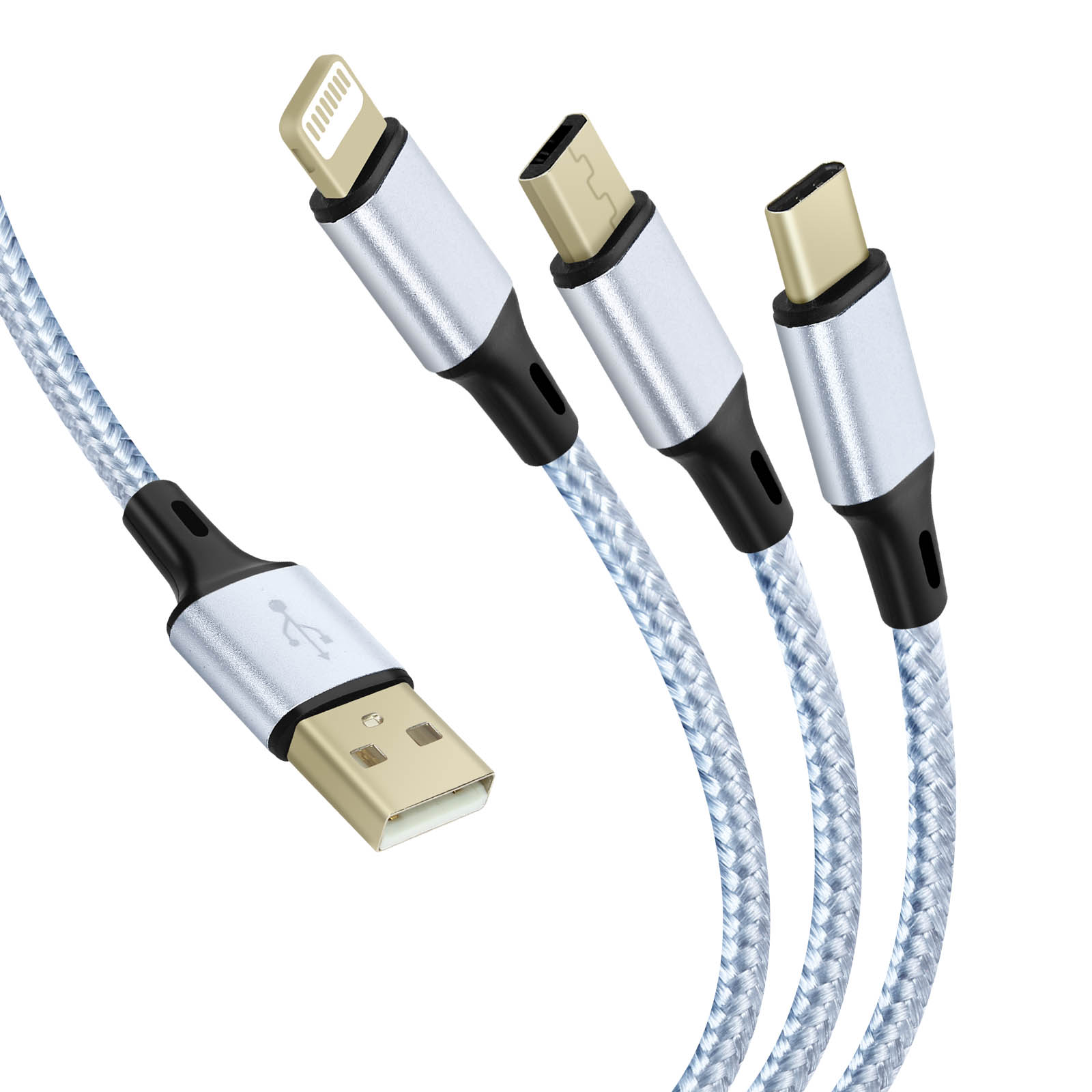 Cavi USB, Lightning, USB-C con teste argentate e nere.
