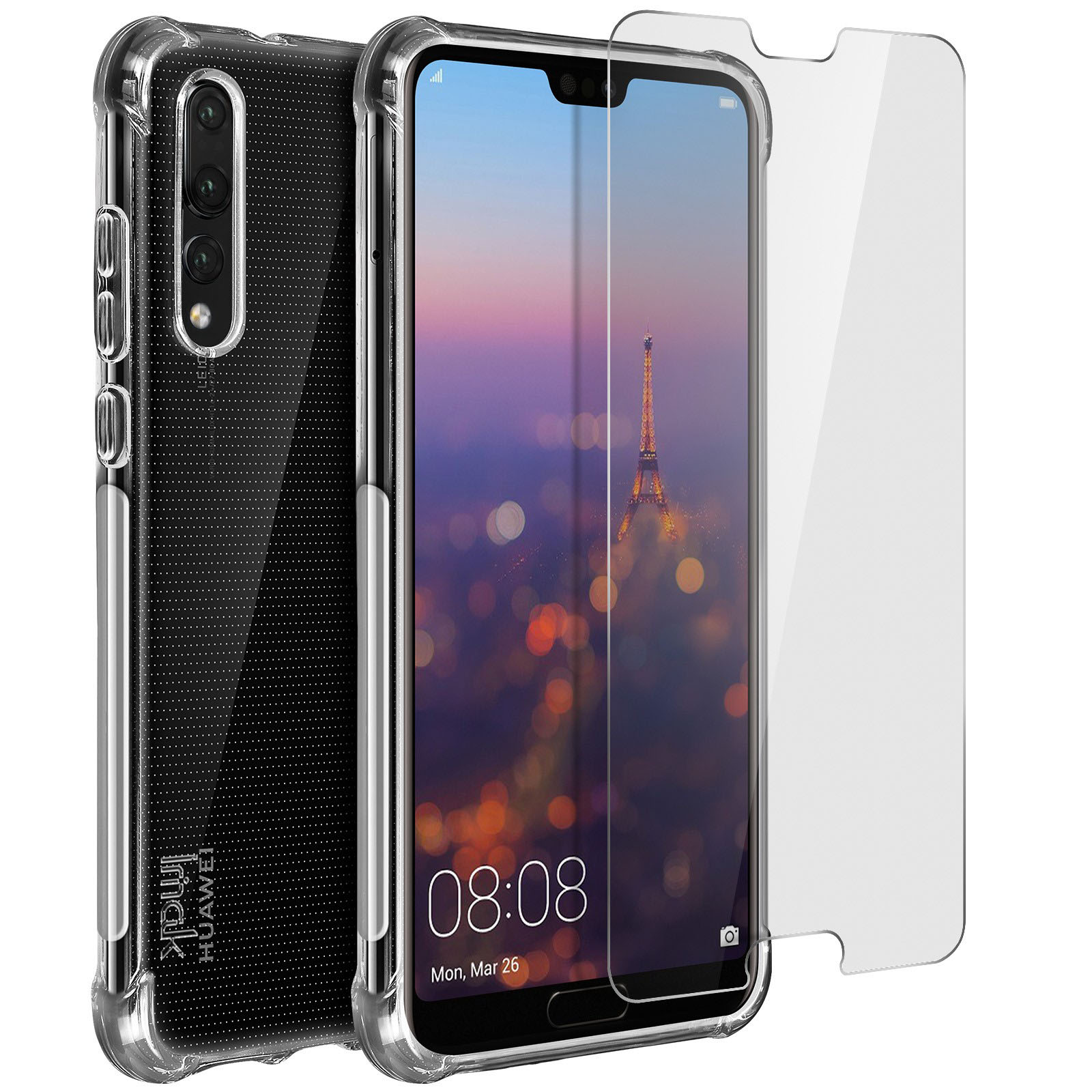 Telefono e protezione schermo, con sfondo della Torre Eiffel sullo schermo.