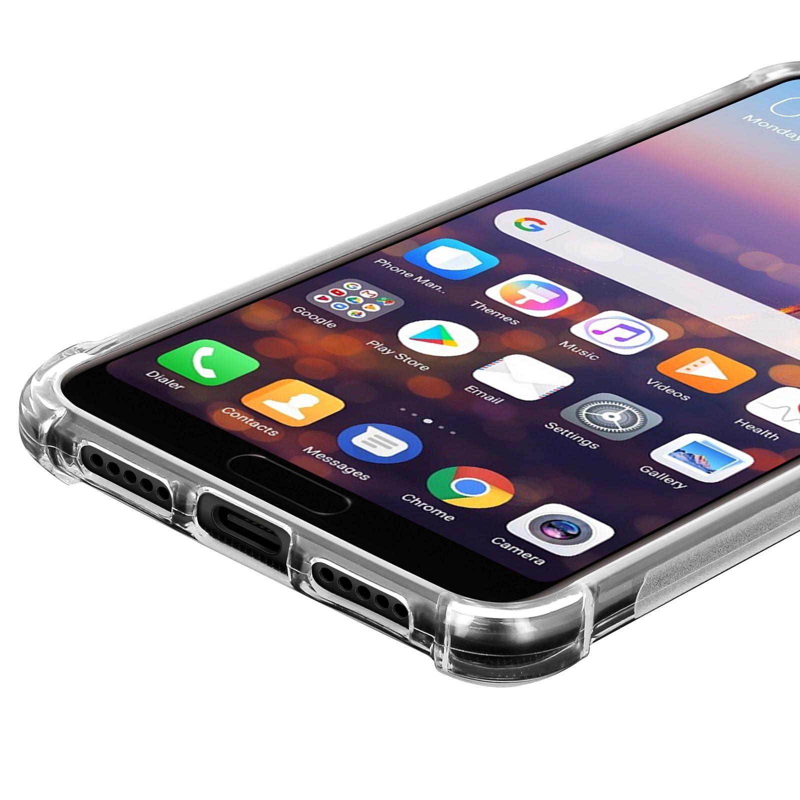 Primo piano di uno schermo del telefono con icone delle app. Il telefono è in una custodia trasparente.