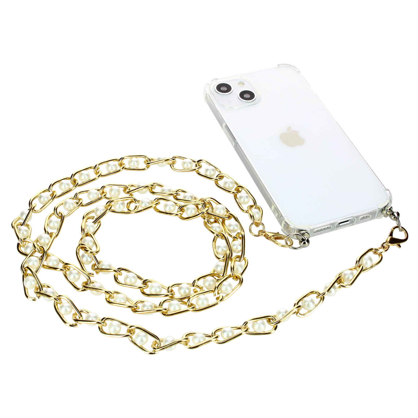 Custodia trasparente con catena di perle dorate, collegata a un telefono con il logo Apple.