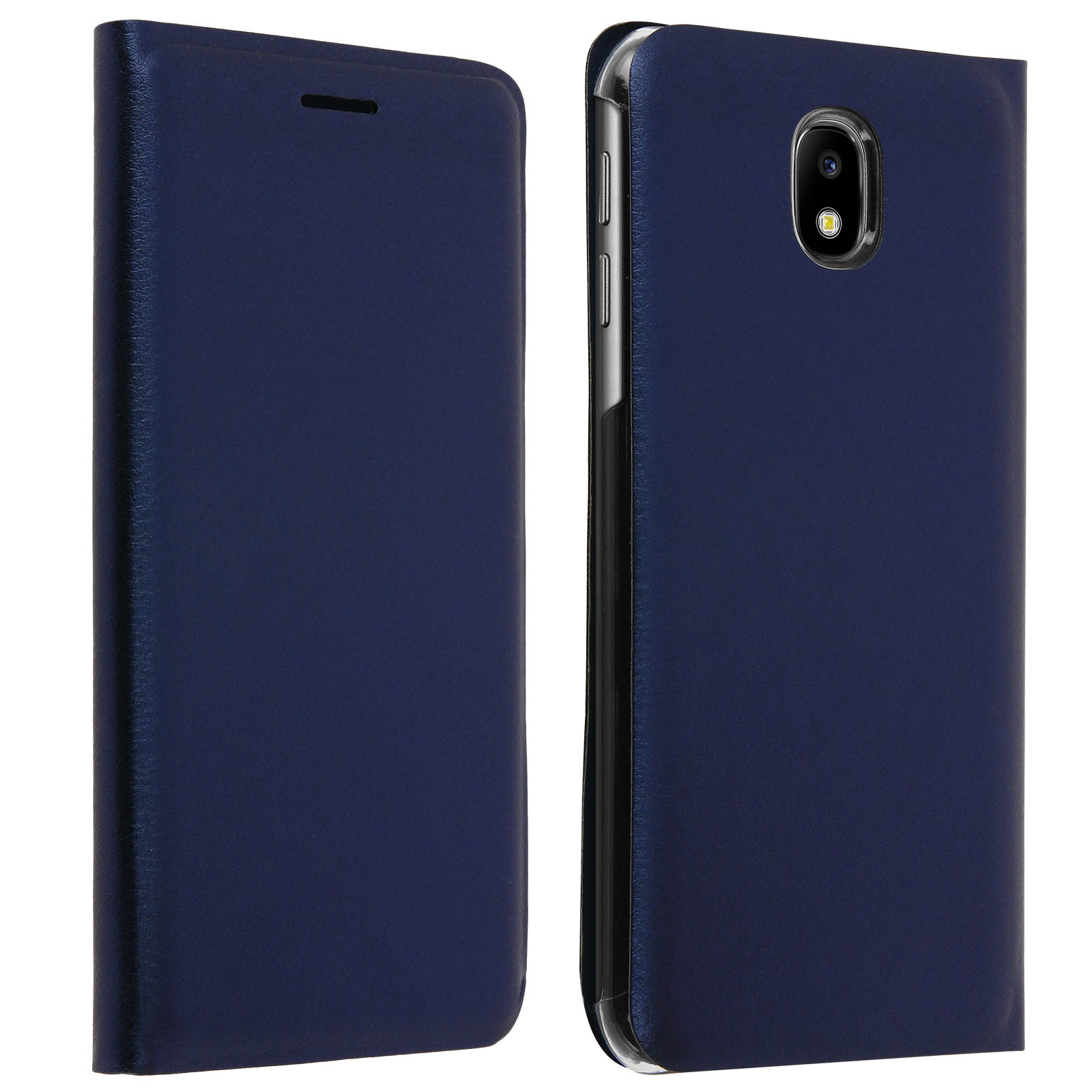 Due custodie blu navy, una aperta, una chiusa. Entrambe hanno una piccola apertura per la fotocamera.