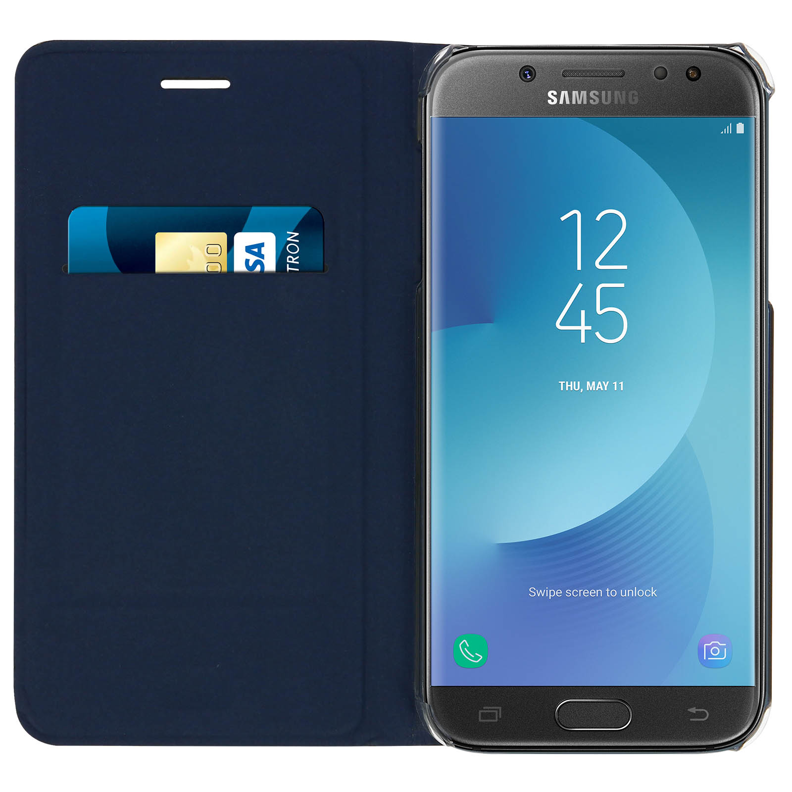 Telefono in custodia blu con slot per schede, mostra ora e data.