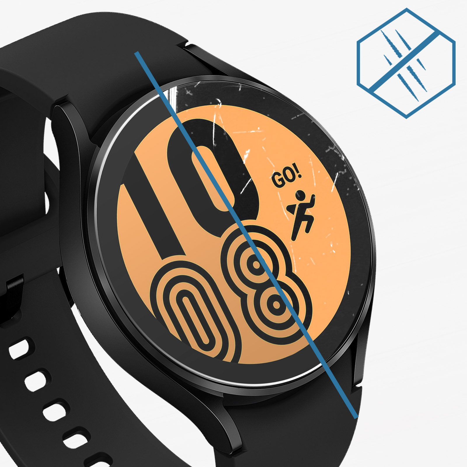 Uno smartwatch ha lo schermo rotto con un quadrante arancione. Il cinturino è nero. C'è una linea blu sullo schermo.