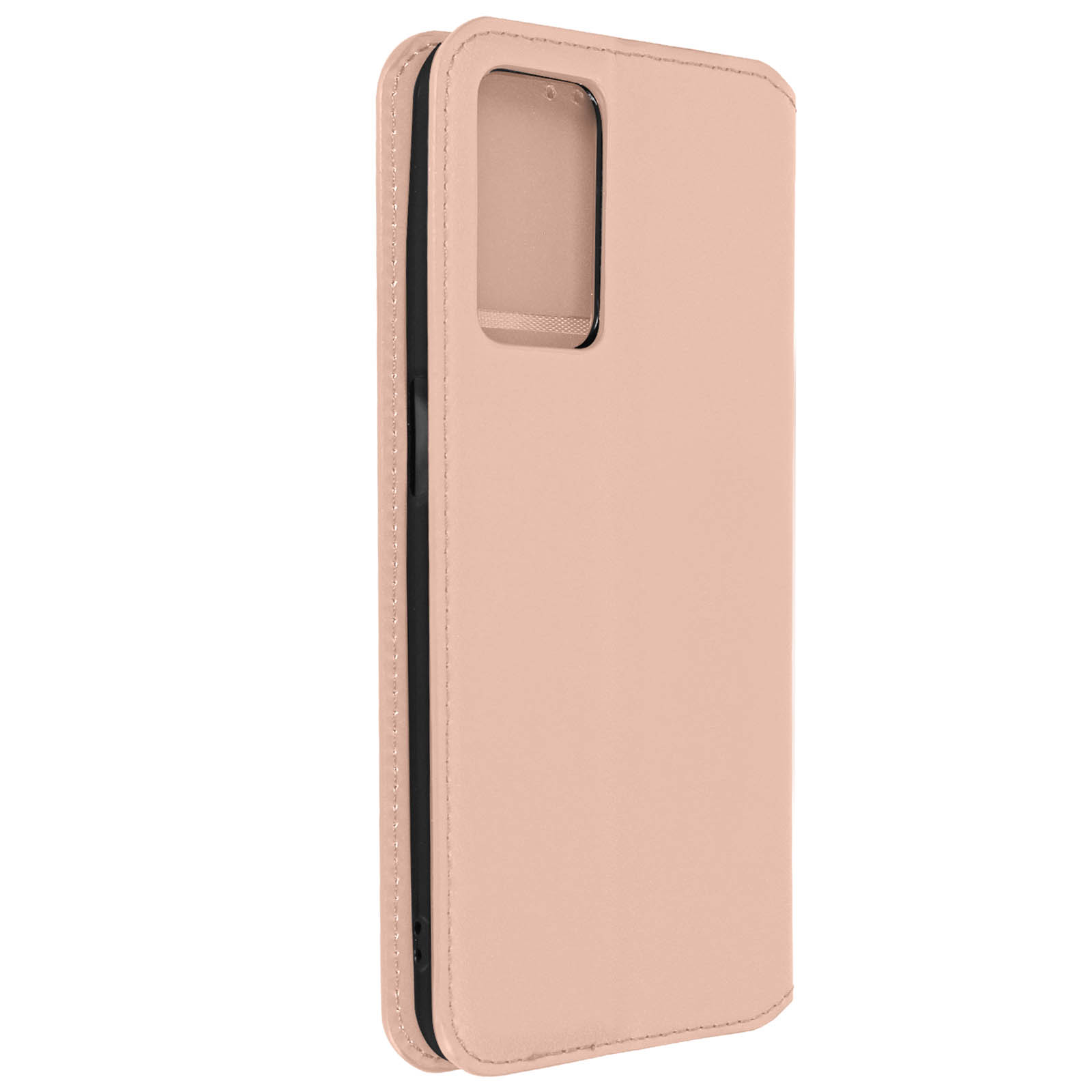 Custodia per telefono oro rosa chiusa. La custodia copre il telefono, mostrando una texture liscia, simile alla pelle.