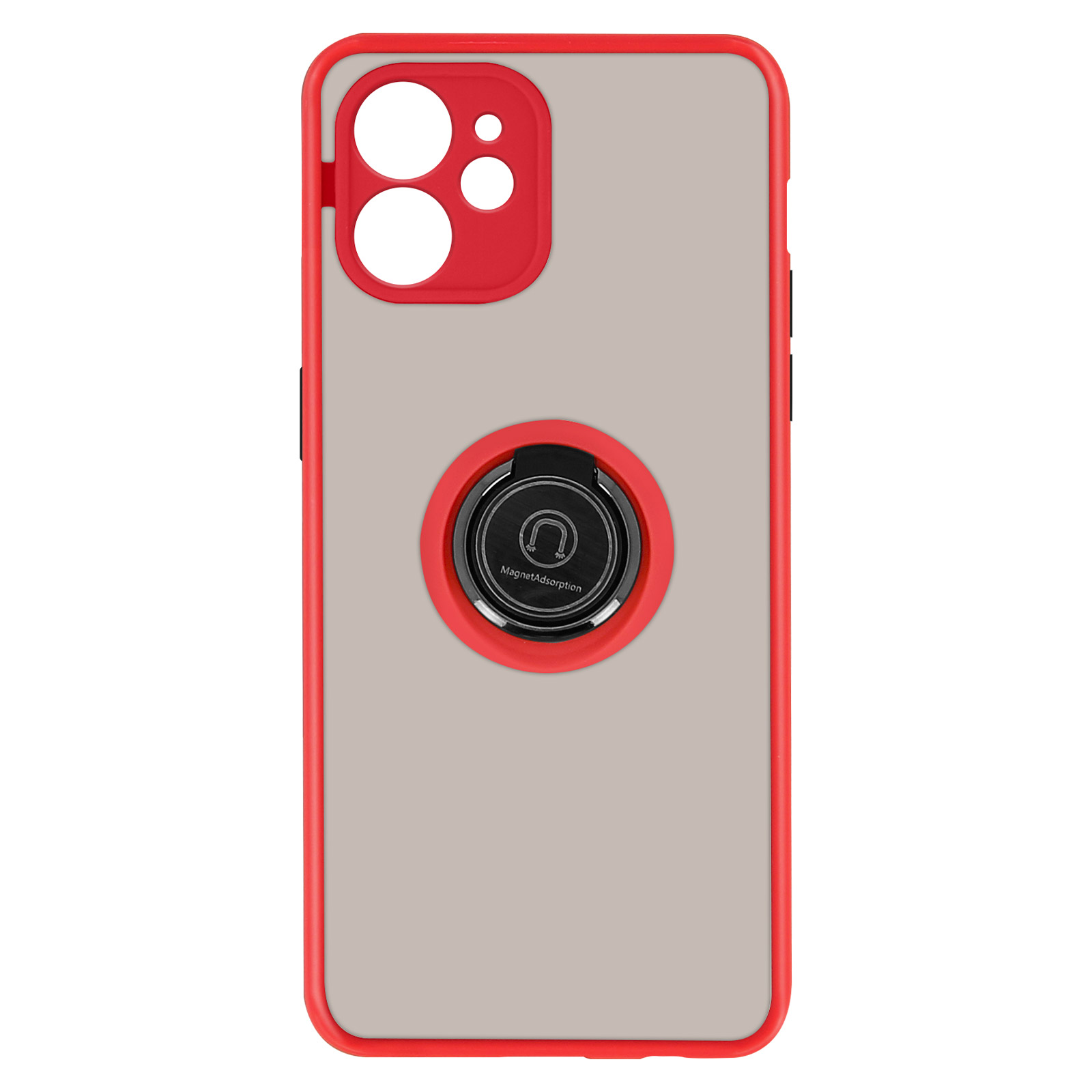 Une coque de téléphone gris clair avec un cadre rouge et un support d'anneau sur fond blanc.