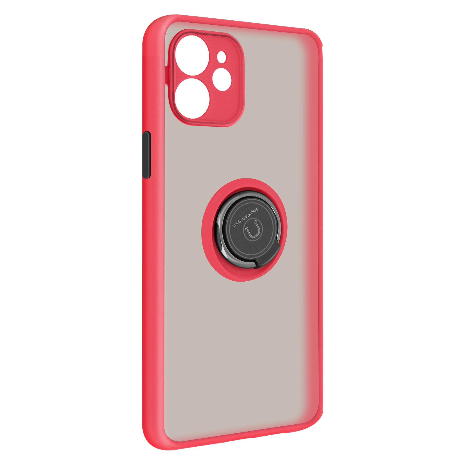 Coque de téléphone rouge avec support annulaire. La coque est inclinée, avec un fond gris clair.