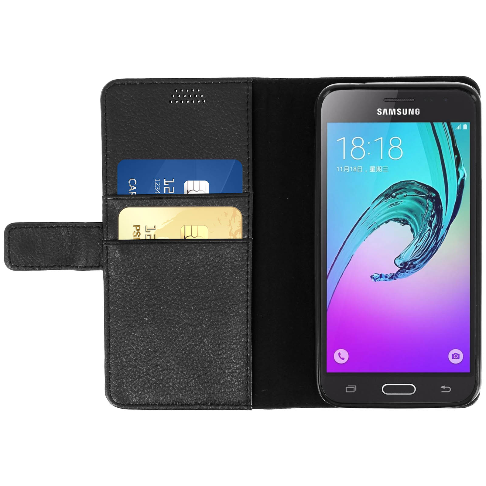 Un telefono nero in una custodia a portafoglio nera con carte di credito. Il telefono mostra la schermata iniziale.