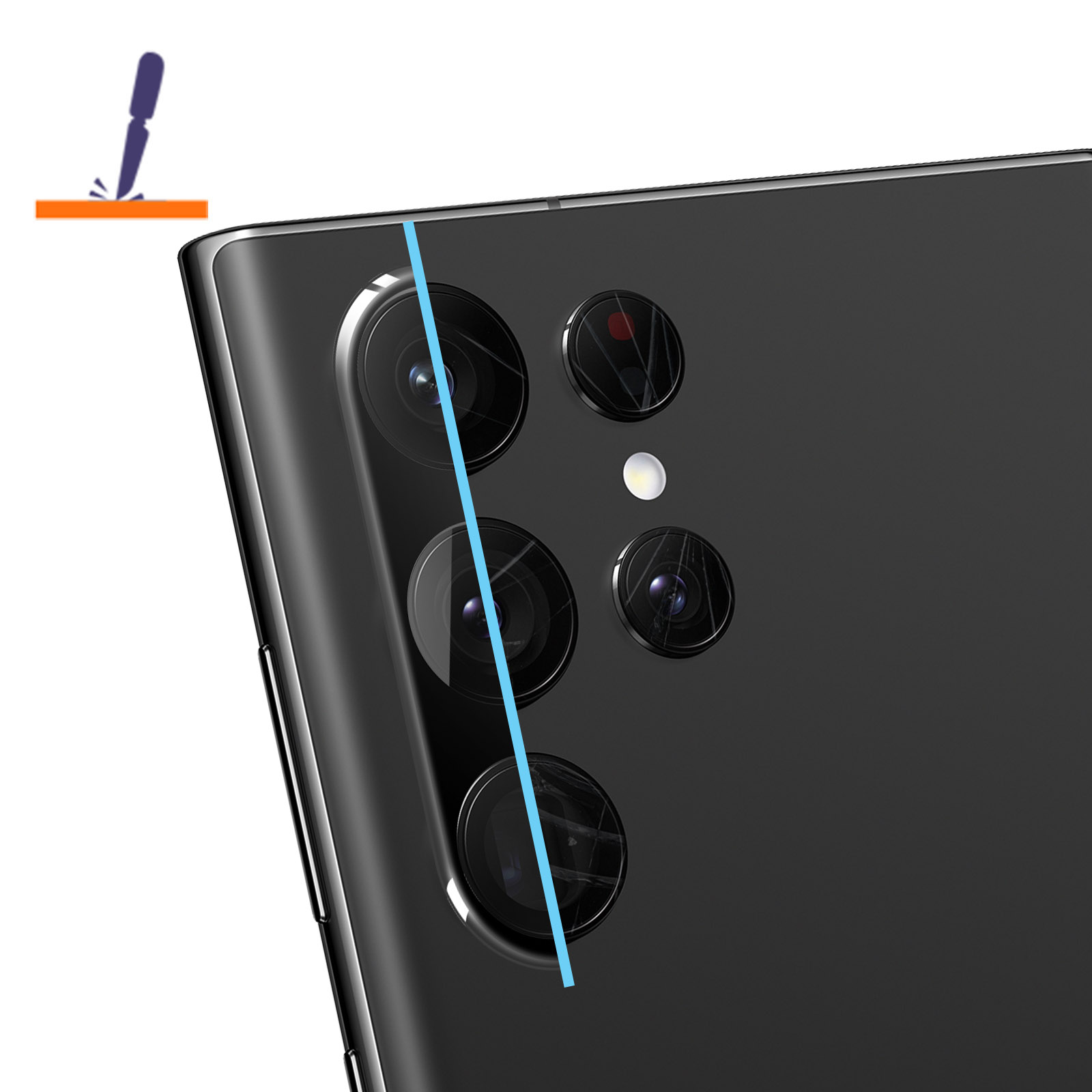 Primo piano di un telefono nero con modulo fotocamera. Linea blu sovrapposta.